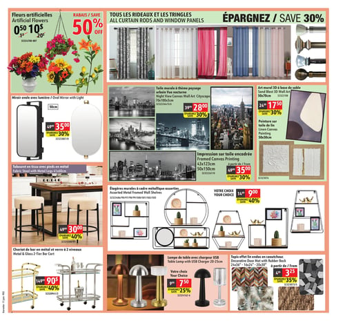 Circulaire Korvette - Page 3. La page présente des articles de décoration intérieure. En haut à gauche, des fleurs artificielles sont offertes de 0,50 $ à 10 $, avec un rabais de 50 %. En haut à droite, tous les rideaux et les tringles sont à 30 % de rabais, avec des exemples de rideaux unis ou à motifs et diverses tringles décoratives illustrés. Au centre gauche, un miroir ovale avec lumière de 50 cm est en solde à 35,00 $ (anciennement 49,99 $), soit 30 % de rabais. Au centre droit, une sélection d'art mural est proposée : des toiles murales à thème de paysage urbain, comme une vue nocturne de 70x100x3 cm, sont à 28,00 $ (anciennement 39,99 $), avec 30 % de rabais. Un art mural 3D à base de sable de 50x70 cm est à 17,50 $ (anciennement 24,99 $), avec 30 % de rabais. Des impressions sur toile encadrées de 43x123 cm ou 50x150 cm sont à partir de 35,00 $ (anciennement 49,99 $), également avec 30 % de rabais. Une peinture sur toile de lin de 50x50 cm est aussi illustrée. En bas à gauche, des tabourets en tissu avec pieds en métal de 41x60 cm sont à 30,00 $ chacun (anciennement 49,99 $), soit 40 % de rabais. Un chariot de bar en métal et verre à deux niveaux est offert à 90,00 $ (anciennement 149,99 $), avec 40 % de rabais. En bas à droite, des étagères murales à cadre métallique assorties sont à 9,00 $ l'unité (anciennement 14,99 $), avec 40 % de rabais. Des lampes de table avec chargeur USB de 20-25 cm sont à 7,50 $ (anciennement 9,99 $), soit 25 % de rabais. Enfin, des tapis effet lin avec endos en caoutchouc, disponibles en plusieurs tailles (24x36, 16x24, 20x30 pouces), sont à partir de 3,25 $ (anciennement 4,99 $), avec 35 % de rabais.