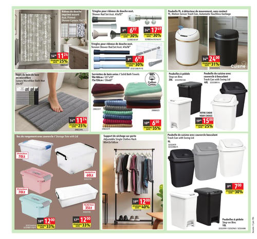 Circulaire Korvette - Page 4. Cette page présente des articles pour la salle de bain, la cuisine et le rangement. Pour la salle de bain, on trouve un rideau de douche imprimé assorti de 70x182 cm à 11,24 $, une économie de 25 %. Des tringles pour rideaux de douche assorties sont offertes à 6,97 $ ou 17,49 $, avec 30 % de rabais. Un tapis de bain de luxe en microfibre de 50x76 cm est à 11,24 $, soit 25 % de moins. Des serviettes de bain unies 100 % coton, de différentes tailles, sont à 6,50 $, une économie de 35 %. Pour la cuisine et la salle de bain, des poubelles sont en vedette : une poubelle 9 L à détecteur de mouvement, disponible en blanc ou noir, à 24,00 $ (31 % de rabais). Des poubelles à pédale de 20 L et des poubelles de cuisine avec couvercle à basculant de 40 L, en blanc ou noir, sont à 15,00 $ chacune, une économie de 25 %. Des poubelles de cuisine avec couvercle à basculant de 9 L, en noir, gris ou blanc, sont à 7,00 $, soit 30 % de rabais. Des poubelles à pédale de 10 L sont également disponibles en blanc ou noir. Pour le rangement, des bacs avec couvercle sont offerts : des bacs de 70 L (59x44x36 cm) en transparent, rose ou bleu à 12,00 $, et des bacs de 60 L (56x40x32 cm) ou 35 L (78x38x16 cm) transparents avec poignées noires, également à 12,00 $. Tous les bacs bénéficient d'une économie de 33 %. Enfin, un support de séchage sur porte ajustable de 80x43x160 cm est à 12,00 $, une économie de 40 %.
