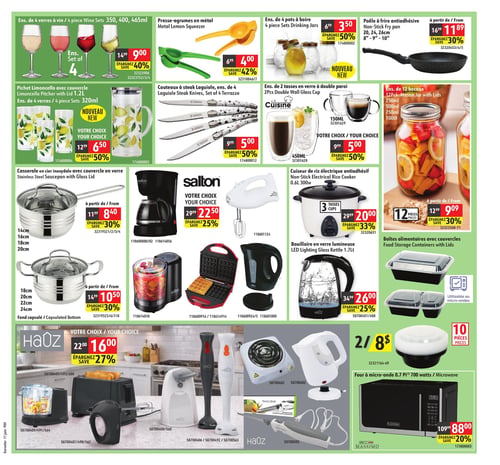 Circulaire Korvette - Page 5. La page présente des articles de cuisine et petits électroménagers. En haut à gauche, un ensemble de 4 verres à vin de 350, 400 ou 465 ml est à 9,00 $, économisez 40 %. Un pichet Limoncello avec couvercle de 1,2 L et un ensemble de 4 verres de 320 ml sont offerts au choix à 6,50 $, économisez 50 %. Ce sont de nouveaux produits. Un presse-agrumes en métal est à 4,00 $, économisez 42 %. Un ensemble de 4 pots à boire est à 3,50 $, économisez 50 %. C'est un nouveau produit. Un ensemble de 4 couteaux à steak Laguiole est à 5,00 $, économisez 50 %. Un ensemble de 2 tasses en verre à double paroi de 150 ml ou 450 ml est au choix à 5,00 $, économisez 50 %. Une poêle à frire antiadhésive de 20, 24 ou 26 cm est à partir de 11,89 $, économisez 30 %. Un ensemble de 12 bocaux de 250, 500, 750 ou 1000 ml est à partir de 9,09 $, économisez 30 %. Deux modèles de casseroles en acier inoxydable avec couvercle en verre sont en promotion : une de 14, 16, 18 ou 20 cm à partir de 8,40 $, et une à fond capsulé de 18, 20, 22 ou 24 cm à partir de 10,50 $, les deux avec 30 % d'économie. La marque Salton propose plusieurs appareils au choix à 22,50 $, économisez 25 %. Cela inclut une cafetière, un mélangeur à main, un hachoir, un gaufrier et une bouilloire. Un cuiseur de riz électrique Salton de 0,6 L et 300 W est à 20,00 $, économisez 33 %. Une bouilloire en verre lumineuse HaOz de 1,7 L est à 26,00 $, économisez 25 %. La marque HaOz offre également plusieurs appareils au choix à 16,00 $, économisez 27 %. Ces articles comprennent un mini hachoir, un grille-pain, un mélangeur à main, un ouvre-boîte électrique, une plaque chauffante, une bouilloire et un couteau électrique. Des boîtes alimentaires avec couvercles, utilisables au micro-ondes, sont présentées. Un ensemble de 10 pièces (bols et couvercles) est offert à 8,00 $ pour deux ensembles. Enfin, un four à micro-ondes Massino de 0,7 pi³ et 700 watts est à 88,00 $, économisez 20 %.