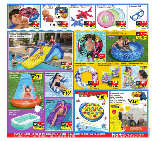 Circulaire Korvette - Page 6. La page présente divers articles de jeux et de piscine. En haut, on trouve un mini drone volant à 16,00 $ (20 % de rabais), un lot de 3 ballons de sport à 10,00 $ (23 % de rabais), un lot de 2 lanceurs d'avion en mousse à 10,00 $ (16 % de rabais), une bouée givrée au néon de 92 cm à 4,00 $ (20 % de rabais) et un masque Aquanaut HS à 5,00 $ (28 % de rabais). Au centre, un grand toboggan géant à eau gonflable est offert à 70,00 $ (22 % de rabais). À côté, une bouée de natation Coastal Castaway de 91 cm est à 6,00 $ (25 % de rabais) et une piscine gonflable Bestway de 168 cm est à 40,00 $ (20 % de rabais). Plus bas, un toboggan aquatique Tsunami Splash Ramp pour pelouse est à 23,00 $. Une chaise flottante Comfort Plush est à 18,00 $. Des articles Bestway Stitch sont également disponibles : une bouée de natation à 3,20 $ (20 % de rabais), des brassards de natation de 9x6 pouces à 3,20 $ (20 % de rabais) et un nouveau gilet de natation de 20x18 pouces à 5,60 $ (20 % de rabais). En bas à gauche, une piscine familiale de 2 m x 1,46 m est à 28,00 $ (20 % de rabais) et un matelas flottant Float N Roll de 7 pieds est à 10,00 $ (23 % de rabais). En bas à droite, un jeu de pêche avec 21 poissons est à 18,00 $ et un fort de construction flexible de 72 pièces avec lumières est à 32,00 $.