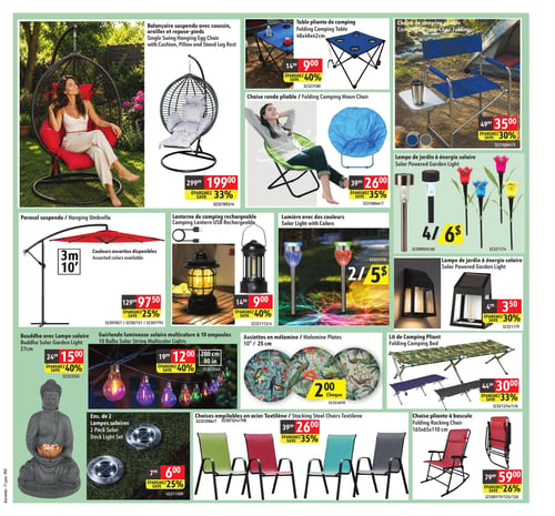 Circulaire Korvette - Page 7. Cette page présente des articles pour l'extérieur et le camping. On y trouve une balançoire suspendue avec coussin, oreiller et repose-pieds à 199,00 $ (Épargnez 33 %). Pour le camping, une table pliante de 48x48x42 cm est à 9,00 $ (Épargnez 40 %), une chaise de camping pliable à 35,00 $ (Épargnez 30 %), une chaise ronde pliable à 26,00 $ (Épargnez 35 %) et un lit de camping pliant à 30,00 $ (Épargnez 33 %). Pour le jardin, des lampes solaires sont offertes : des modèles sur poteau ou en forme de fleur à 4 pour 6,00 $, des lumières solaires avec couleurs à 2 pour 5,00 $, et des lampes murales à 3,50 $ (Épargnez 30 %). Un parasol suspendu de 3 mètres est à 97,50 $ (Épargnez 25 %). Des lanternes de camping rechargeables USB sont à 9,00 $ (Épargnez 40 %). Des décorations solaires incluent un Bouddha de 27 cm à 15,00 $ (Épargnez 40 %) et une guirlande lumineuse multicolore de 10 ampoules sur 200 cm à 12,00 $ (Épargnez 40 %). Un ensemble de 2 lampes solaires pour terrasse est à 6,00 $ (Épargnez 25 %). Des assiettes en mélamine de 25 cm sont à 2,00 $ chacune. Enfin, des chaises empilables en acier Textilène sont à 26,00 $ (Épargnez 35 %) et une chaise pliante à bascule de 165x65x110 cm est à 59,00 $ (Épargnez 26 %).