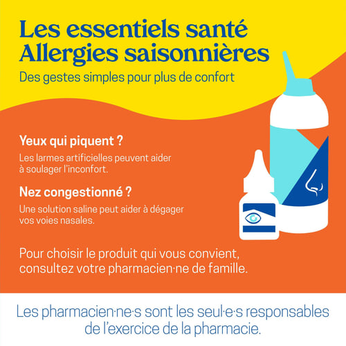 Circulaire Uniprix - Page 6. La page est dédiée aux "essentiels santé Allergies saisonnières" et propose "Des gestes simples pour plus de confort". Deux sections de conseils sont présentées : "Yeux qui piquent ?" où il est suggéré que "Les larmes artificielles peuvent aider à soulager l'inconfort.", et "Nez congestionné ?" où "Une solution saline peut aider à dégager vos voies nasales.". À droite, des illustrations stylisées montrent une bouteille de vaporisateur nasal et un flacon de gouttes ophtalmiques. La page se termine par le conseil "Pour choisir le produit qui vous convient, consultez votre pharmacien ou pharmacienne de famille." et une note légale : "Les pharmaciens et pharmaciennes sont les seuls responsables de l'exercice de la pharmacie.