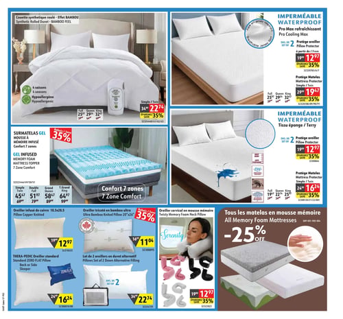 Circulaire Hart - Page 3. La page présente des articles de literie et de confort. En haut à gauche, une couette synthétique roulée Effet Bambou, 4 saisons et hypoallergène, est offerte à partir de 22,74 $ pour la taille Simple/Jumelle (anciennement 34,99 $), jusqu'à 32,47 $ pour la taille King (anciennement 49,99 $), avec 35 % de rabais. En haut à droite, des protections imperméables Pro Max rafraîchissantes sont en vedette : un ensemble de 2 protège-oreillers à partir de 12,97 $ (anciennement 19,99 $) et des protège-matelas à partir de 19,47 $ pour Simple/Jumelle (anciennement 29,99 $), jusqu'à 32,47 $ pour King (anciennement 49,99 $), tous avec 35 % de rabais. Au centre gauche, un surmatelas gel en mousse à mémoire Confort 7 zones est disponible à partir de 45,47 $ pour Simple (anciennement 69,99 $), jusqu'à 64,97 $ pour Très grand (anciennement 99,99 $), avec 35 % de rabais. Au centre droit, des protections imperméables en tissu éponge sont présentées : un ensemble de 2 protège-oreillers à 12,97 $ (anciennement 19,99 $) et des protège-matelas à partir de 16,24 $ pour Simple/Jumelle (anciennement 24,99 $), jusqu'à 25,97 $ pour King (anciennement 39,99 $), tous avec 35 % de rabais. En bas à gauche, un oreiller infusé de cuivre 18,5x28,5 pouces est à 12,97 $ (anciennement 19,99 $). Un oreiller Thera-Pedic standard Zéro Plat pour dormeur sur le dos ou sur le côté est à 16,24 $ (anciennement 24,99 $). Un lot de 2 oreillers en duvet alternatif est à 22,74 $ (anciennement 34,99 $). En bas au centre, un oreiller tricoté en bambou ultra 20x26 pouces est à 11,04 $ (anciennement 16,99 $) et un oreiller cervical en mousse mémoire Twisty est à 12,97 $ (anciennement 19,99 $), les deux avec 35 % de rabais. Enfin, en bas à droite, tous les matelas en mousse mémoire bénéficient d'un rabais de 25 %.