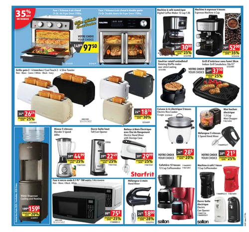Circulaire Hart - Page 4. La page présente une sélection d'électroménagers de cuisine. En haut, une offre spéciale de 35 % de rabais sur deux fours/friteuses à air chaud de 1700 watts, au choix à 97,50 $. L'un est un modèle de 24 pintes, l'autre un modèle à double porte de 26 pintes de marque Kalorik. À droite, une machine à café numérique de 12 tasses est à 30,00 $ (25 % de rabais) et une machine à expresso de 4 tasses est à 52,00 $ (35 % de rabais). Au centre, des grille-pain 2 ou 4 tranches sont offerts en noir, blanc ou ivoire. Les modèles Massimo sont à 26,24 $ (25 % de rabais) et d'autres modèles sont à 18,74 $ (30 % de rabais). Un gaufrier rotatif antiadhésif est à 37,50 $ (25 % de rabais), et un grill d'intérieur sans fumée de 10x15 pouces est également à 37,50 $ (25 % de rabais). Dans la section inférieure gauche, un distributeur d'eau avec fonctions de refroidissement et chauffage est à 159,00 $ (20 % de rabais). La section centrale inférieure propose des appareils Starfrit : un mélangeur 5 vitesses de 600 watts à 44,99 $ (25 % de rabais), un ouvre-boîte haut à 22,49 $ (25 % de rabais) et un batteur à main électrique avec étui de rangement à 29,99 $ (25 % de rabais). Un four à micro-ondes Massimo de 0,7 pied cube et 700 watts est à 75,00 $ (25 % de rabais). Un mélangeur à main Salton est à 18,00 $ (28 % de rabais). Enfin, la colonne de droite présente une cuisinière à riz électrique 5 tasses à 28,00 $ (20 % de rabais) et un mini hachoir électrique de 1,5 tasse à 21,00 $ (25 % de rabais). Des cafetières Salton 12 tasses sont offertes en noir ou rouge à 28,00 $ (20 % de rabais). Des machines à café Salton 1 tasse sont disponibles en noir ou rouge à 21,00 $ (25 % de rabais). Deux ouvre-boîtes électriques Salton, un blanc et un noir, sont à 19,99 $ (25 % de rabais).
