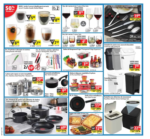 Circulaire Hart - Page 5. La page présente des articles de cuisine et de maison. En haut à gauche, 50 % de rabais sur les verres à double paroi nervurés Nuvo. Plusieurs options sont offertes : 2 verres de 80 ml à 5,00 $ (au lieu de 9,99 $), 2 verres de 350 ml à 8,50 $ (au lieu de 16,99 $) et 2 verres de 450 ml à 7,50 $ (au lieu de 14,99 $). Au centre, des ensembles de 4 verres à vin sont à 9,75 $ (au lieu de 14,99 $), économisez 35 %, et des ensembles de 4 verres réguliers sont à 6,00 $ (au lieu de 9,99 $), économisez 40 %. À droite, un ensemble de 39 couverts en acier inoxydable est à 19,00 $ (au lieu de 34,99 $), économisez 45 %. Plus bas, des ensembles de 3 planches à découper avec couteau ou des ensembles de 6 ciseaux, couteau et éplucheur sont offerts, votre choix, 2 pour 10,00 $. Des boîtes de rangement transparentes pour réfrigérateur sont disponibles à partir de 3,50 $ (au lieu de 4,99 $), économisez 30 %. Une poubelle de cuisine de 9 litres avec couvercle basculant est à 7,00 $ (au lieu de 9,99 $), économisez 30 %. Un ensemble de 4 pièces de pots vapeur en acier inoxydable est à 30,00 $ (au lieu de 39,99 $), économisez 25 %. Un ensemble de 24 boîtes à déjeuner empilables est à 10,00 $ (au lieu de 14,99 $), économisez 33 %. Une casserole antiadhésive (16 cm, 18 cm, 20 cm, 24 cm) est à partir de 9,09 $ (au lieu de 12,99 $), économisez 30 %. Une poêle à frire antiadhésive (20 cm, 24 cm, 26 cm) est à partir de 11,89 $ (au lieu de 16,99 $), économisez 30 %. Un ensemble de 8 pièces de batterie de cuisine avec indicateur de chaleur est à 69,00 $ (au lieu de 99,99 $), économisez 31 %. Un plateau antiadhésif en cuivre est à 12,00 $ (au lieu de 16,99 $), économisez 29 %. Des poubelles à pédale de 10 litres sont également présentées. Enfin, une poubelle avec détecteur de mouvement est à 22,50 $ (au lieu de 29,99 $), économisez 25 %.