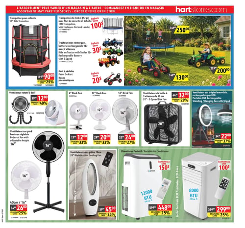 Circulaire Hart - Page 9. La page présente des articles pour l'extérieur et des appareils de climatisation. En haut, on trouve un trampoline pour enfants de 55 pouces à 90,00 $, une économie de 25 %. Un trampoline de 3,65 mètres (12 pieds) avec filet de sécurité et échelle est offert à 250,00 $, avec un rabais de 100 $. Un tracteur avec remorque, batterie rechargeable 12V et 2 vitesses, est à 200,00 $, avec un rabais de 30 $. Un kart à pédales avec roues pneumatiques est à 130,00 $, avec un rabais de 20 $. La section inférieure est dédiée aux ventilateurs et climatiseurs. On y voit un ventilateur rotatif à 360 degrés, deux modèles, à 12,00 $ chacun, avec une économie de 40 %. Des ventilateurs de table sont disponibles en 6 pouces à 12,00 $ (économie de 33 %), 12 pouces à 20,00 $ (économie de 33 %) et 16 pouces à 24,00 $ (économie de 27 %). Un ventilateur de boîte de 50 cm (20 pouces) à 3 vitesses est à 32,00 $ (économie de 29 %). Un ventilateur sur trépied amovible, rechargeable par USB, est à 22,00 $ (économie de 37 %). Deux modèles de ventilateurs sur pied à hauteur réglable de 16 pouces sont à 26,00 $ chacun (économie de 25 %). Un ventilateur sans pâles de 70 cm (28 pouces) est à 45,00 $ (économie de 25 %). Enfin, deux climatiseurs portatifs sont offerts, incluant les frais écologiques : un modèle de 12000 BTU (450 pi. ca.) à 448,00 $ (économie de 150 $ ou 25 %) et un modèle de 8000 BTU (230 pi. ca.) à 299,00 $ (économie de 100 $ ou 25 %).