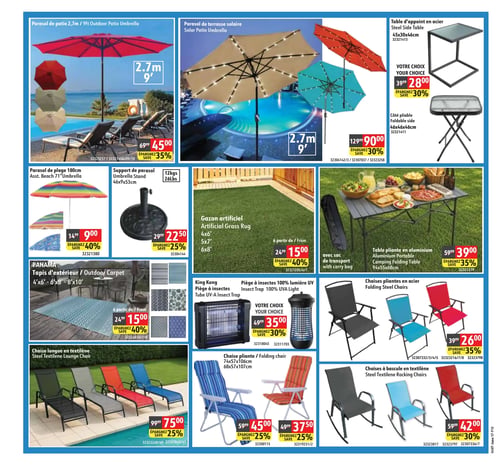 Circulaire Hart - Page 10. La page présente des articles pour l'extérieur. En haut à gauche, un parasol de patio de 2,7 mètres est offert à 45,00 $, économisez 35 %. À côté, un parasol de terrasse solaire de 2,7 mètres est à 90,00 $, économisez 30 %. Plus à droite, une table d'appoint en acier de 45x30x46 cm ou un côté pliable de 46x46x46 cm sont chacun à 28,00 $, économisez 30 %. En dessous, un parasol de plage de 180 cm est à 9,00 $, économisez 40 %. Un support de parasol de 12 kg est à 22,50 $, économisez 25 %. Au centre, du gazon artificiel (4x6, 5x7 ou 6x8 pieds) est disponible à partir de 15,00 $, économisez 40 %. Une table pliante en aluminium de 94x55x68 cm avec sac de transport est à 39,00 $, économisez 35 %. En bas à gauche, un tapis d'extérieur Panama (4x6, 6x8 ou 8x10 pieds) est à partir de 15,00 $, économisez 40 %. Un piège à insectes King Kong avec lumière UV est à 35,00 $, économisez 30 %. Des chaises pliantes en acier (gris, bleu ou rouge) sont à 26,00 $ chacune, économisez 35 %. Enfin, des chaises longues en textilène (noir, gris, rouge ou bleu) sont à 75,00 $, économisez 25 %. Deux modèles de chaises pliantes sont présentés : une à 45,00 $ (normalement 59,99 $) et une autre à 37,50 $ (normalement 49,99 $), les deux avec 25 % de rabais. Des chaises à bascule en textilène (gris, bleu ou rouge) sont à 42,00 $, économisez 30 %.