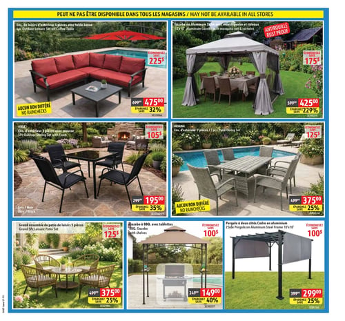 Circulaire Hart - Page 11. Note : Certains articles pourraient ne pas être disponibles dans tous les magasins. La page présente des ensembles de patio et des abris extérieurs. En haut à gauche, un ensemble de loisirs d'extérieur 4 pièces avec table basse est à 475,00 $, économisez 32 %. Aucun bon différé. À droite, un gazebo en aluminium 3x3 mètres avec moustiquaire et rideaux, antirouille, est à 425,00 $, économisez 29 %. Au centre gauche, l'ensemble d'extérieur VIDA 5 pièces avec mousse, disponible en gris ou noir, est à 195,00 $, économisez 35 %. À droite, l'ensemble d'extérieur ARIANA 7 pièces est à 375,00 $, économisez 25 %. Aucun bon différé. En bas à gauche, un grand ensemble de patio de loisirs 5 pièces est à 375,00 $, économisez 25 %. Au centre, un gazebo à BBQ avec tablettes est à 149,00 $, économisez 40 %. Enfin, à droite, une pergola à deux côtés avec cadre en aluminium de 10x10 pieds est à 299,00 $, économisez 25 %.