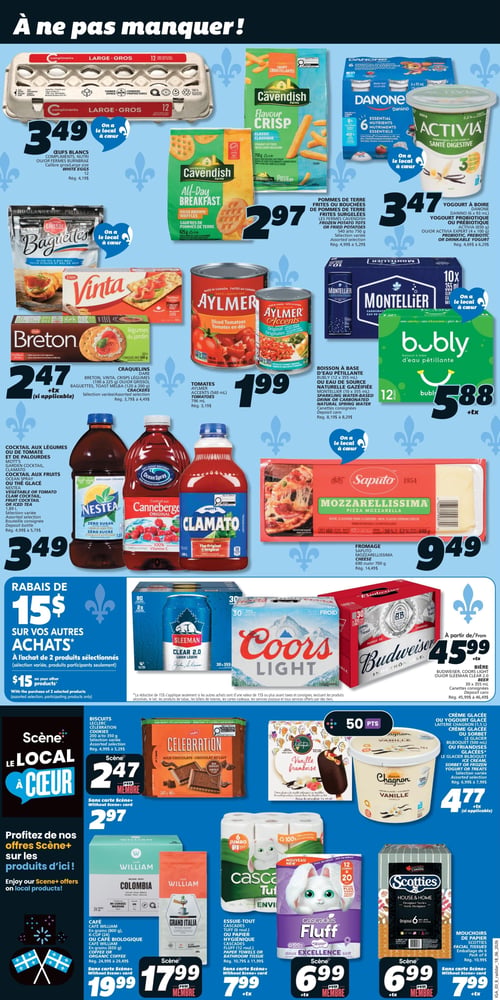 Circulaire IGA - Page 3. La page met en vedette des offres "À ne pas manquer!". On y trouve des œufs blancs Compliments, Nutri ou Fermes Burnbrae, calibre gros, 12 unités, à 3,49 $. Les pommes de terre frites ou bouchées de pommes de terre frites surgelées Cavendish Flavour Crisp ou All-Day Breakfast, 540 g à 750 g, sont à 2,97 $. Le yogourt à boire Danone Danino (6 x 93 ml) ou le yogourt probiotique ou prébiotique Activia (650 g) ou Activia Expert (4 x 100 g) sont offerts à 3,47 $. Une sélection de craquelins Breton, Vinta, Crisps Légumes (100 g à 225 g) ou Grissol Baguettes, Toast Melba (120 g à 200 g) est à 2,47 $. Les tomates Aylmer en dés (540 ml ou 796 ml) sont à 1,99 $. La boisson à base d'eau pétillante Bubly (12 x 355 ml) ou l'eau de source naturelle gazéifiée Montellier (10 x 355 ml) sont à 5,88 $. Les cocktails aux légumes ou de tomate et de palourdes Mott's Garden Cocktail, Clamato, cocktail aux fruits Ocean Spray ou le thé glacé Nestea, 1,89 L, sont à 3,49 $. Le fromage Saputo Mozzarellissima, 690 g ou 700 g, est à 9,49 $. Une offre de rabais de 15 $ est applicable sur vos autres achats à l'achat de 2 produits sélectionnés. La bière Budweiser, Coors Light ou Sleeman Clear 2.0, 30 x 355 ml, est à partir de 45,99 $. La section "Profitez de nos offres Scène+ sur les produits d'ici!" inclut les biscuits Leclerc Célébration, 200 g à 350 g, à 2,47 $ avec carte Scène+ ou 2,97 $ sans carte. La crème glacée ou le yogourt glacé Laiterie Chagnon Vanille (1,5 L), la crème glacée ou le sorbet Le Glacier Bilboquet (500 ml) ou les friandises glacées sont à 4,77 $. Le café William en grains (800 g), K-Cup (24) ou le café biologique William en grains (650 g) ou le café Grand Italia Espresso sont à 17,99 $ avec carte Scène+ ou 19,99 $ sans carte. L'essuie-tout Cascades Fluff (6 rouleaux) ou le papier hygiénique Cascades Fluff (6 rouleaux) sont à 6,99 $ avec carte Scène+ ou 7,99 $ sans carte. Enfin, les mouchoirs de papier Scotties (6 paquets) sont à 6,99 $ avec carte Scène+ ou 7,99 $ sans carte.