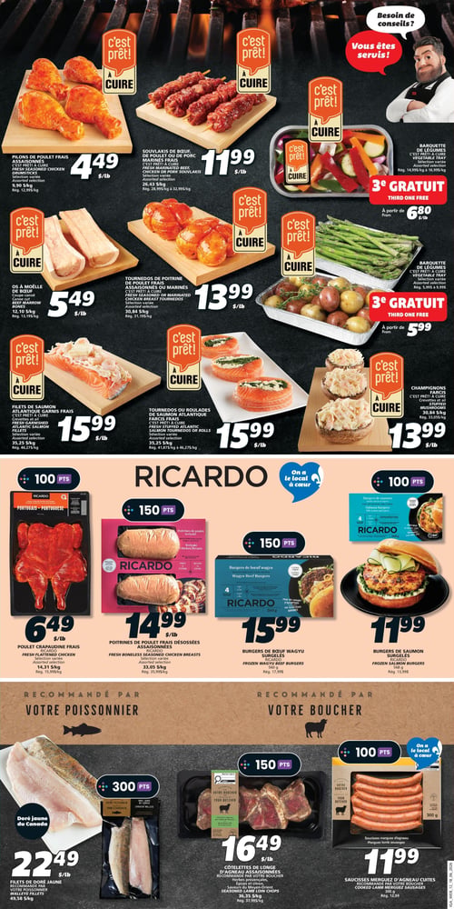 Circulaire IGA - Page 8. La page présente des produits "C'est prêt à cuire" et des offres Ricardo. En haut, on trouve des pilons de poulet frais assaisonnés à 4,49 $ la livre, des souvlakis de bœuf ou de porc marinés frais à 11,99 $ la livre, et une barquette de légumes à cuire (sélection variée) où le 3e est gratuit, à partir de 6,80 $ la livre. On voit aussi des os à moelle de bœuf à 5,49 $ la livre, des tournedos de poitrine de poulet frais assaisonnés ou marinés à 13,99 $ la livre, et une barquette de légumes à cuire (pommes de terre) où le 3e est gratuit, à partir de 5,99 $. Des filets de saumon atlantique garnis frais (crevettes et ail) sont offerts à 15,99 $ la livre, ainsi que des tournedos ou roulades de saumon atlantique farcis frais à 15,99 $ la livre, et des champignons farcis (crevettes et ail) à 13,99 $ la livre. La section Ricardo propose un poulet crapaudine frais à 6,49 $ la livre (100 points), des poitrines de poulet désossées assaisonnées à 14,99 $ la livre (150 points), des burgers de bœuf Wagyu surgelés de 560 g à 15,99 $ (150 points), et des burgers de saumon surgelés de 568 g à 11,99 $ (100 points). En bas, recommandé par votre poissonnier, des filets de doré jaune du Canada à 22,49 $ la livre (300 points). Recommandé par votre boucher, des côtelettes de longe d'agneau assaisonnées (herbes provençales, épices et citron) à 16,49 $ la livre (150 points), et des saucisses merguez d'agneau cuites de 300 g à 11,99 $ (100 points).