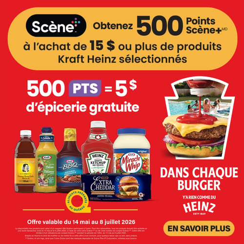 Circulaire IGA - Page 9. La page met en vedette une offre promotionnelle : obtenez 500 Points Scène+ (équivalant à 5 $ d'épicerie gratuite) à l'achat de 15 $ ou plus de produits Kraft Heinz sélectionnés. Plusieurs produits sont illustrés, incluant la Sauce Diana Gourmet Miel et ail de 500 ml, la Vinaigrette Kraft Golden Italienne, la Sauce BBQ Kraft Originale, le Ketchup aux tomates Heinz, la Mayonnaise Kraft Miracle Whip Originale, et les tranches de fromage Kraft Extra Cheddar de 390 g. Un logo "Aliments préparés au Québec" est visible. Une grande image d'un burger appétissant avec du ketchup Heinz versé dessus, et des personnes se baignant dans une piscine en arrière-plan, illustre le slogan "Dans chaque burger, il n'y a rien comme du Heinz". L'offre est valable du 14 mai au 8 juillet 2026. Un bouton "En savoir plus" est affiché en bas de page.