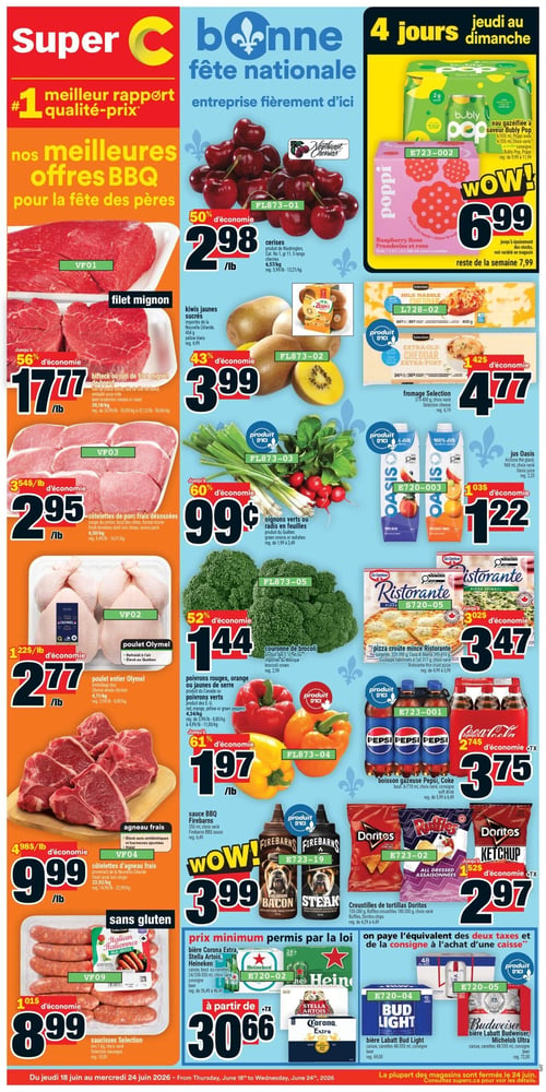 Circulaire Super C - Page 1. La page met en vedette les meilleures offres BBQ pour la fête des pères. À gauche, la section boucherie propose : le filet mignon; le bifteck ou rôti de filet mignon de bœuf à 17,77 $ la livre, avec jusqu'à 56 % d'économie; les côtelettes de porc frais désossées à 2,95 $ la livre, avec 35 % d'économie; le poulet entier Olymel à 2,77 $ la livre, avec 22 % d'économie; les côtelettes d'agneau frais à 9,99 $ la livre, avec 49 % d'économie; et les saucisses italiennes Selection sans gluten à 8,99 $ le paquet de 1 kg, avec 10 % d'économie. Au centre et à droite, les offres "4 jours jeudi au dimanche" incluent : les cerises de Washington à 2,98 $ la livre, avec 50 % d'économie; les kiwis jaunes sucrés Zespri à 3,99 $, avec 43 % d'économie; les oignons verts ou radis en feuilles du Québec à 0,99 $, avec jusqu'à 60 % d'économie; la couronne de brocoli du Mexique à 1,44 $, avec 52 % d'économie; les poivrons rouges, orange ou jaunes de serre à 1,97 $ la livre, avec jusqu'à 61 % d'économie; la sauce BBQ Firebarns de 350 ml à 3,99 $; l'eau gazéifiée Bubly Pop de 12 x 355 ml à 6,99 $; le Poppi framboise et rose de 4 x 355 ml à 6,99 $; le fromage Selection (cheddar marbré doux ou cheddar fort) de 375-400 g à 4,77 $, avec 42 % d'économie; le jus Oasis de 960 ml à 1,22 $, avec 3 % d'économie; la pizza croûte mince Ristorante de 320-410 g à 3,47 $, avec 32 % d'économie; les boissons gazeuses Pepsi ou Coke de 6 x 710 ml à 3,75 $, avec 27 % d'économie; et les croustilles Doritos ou Ruffles de 155-280 g à 2,97 $, avec 25 % d'économie. En bas de page, une offre sur la bière : les bières Corona Extra, Stella Artois ou Heineken de 24 canettes à partir de 30,66 $; et les bières Labatt Bud Light, Budweiser ou Michelob Ultra de 48 canettes. Le prix minimum est permis par la loi et l'équivalent des deux taxes et de la consigne est payé à l'achat d'une caisse.