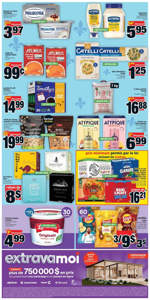 Circulaire Super C - Page 3. La page présente plusieurs offres sur des produits d'épicerie et des boissons. En haut, le fromage à la crème Philadelphia, 227-250 g, est à 3,97 $, une économie de 2,92 $. La mayonnaise Hellmann's, 710-890 ml, est à 5,95 $, une économie de 54 ¢. La soupe aux tomates Aylmer, 284 ml, est à 0,99 $, une économie de 40 ¢. Les pâtes alimentaires Catelli, 375-454 g, sont à 1,25 $, une économie de 1,04 $. Les capsules de café Timothy's, 30 unités, sont à 14,99 $, une économie de 9,50 $. Le riz blanc parfumé Oxhead, 7 kg, est à 16,88 $, une économie de 8,11 $. Les noix variées (pistaches rôties ou noix de Grenoble), 700 g à 1 kg, sont à 19,99 $, une économie de 20 %. Les cocktails sans alcool Atypique, 4 canettes de 355 ml, sont à 6,99 $, une économie de 2 $. Une sélection de vins rouges ou blancs de 4 L, incluant Wallaroo Trail, Nicolas Laloux, Keep Calm Sauvignon Blanc et Smoky Bay Cabernet Sauvignon, bénéficie d'un rabais de 8 $. Les boissons de malt alcoolisées, comme White Claw Seltzer, Simply Spiked Peach, Bud Light Chelada et Mott's Clamato, en caisse de 12 canettes de 355 ml ou 4 L, sont offertes à partir de 16,21 $, avec la mention "prix minimum permis par la loi incluant les écofrais". La tartinade originale Lactantia, 1,28 kg, est à 4,99 $, une économie de 3 $, et donne 30 points. Les croustilles Lay's, 156-235 g, sont à 3 pour 9 $ ou 3 $ l'unité, et donnent 60 points à l'achat de 3. Enfin, un concours "extravamoi" offre plus de 750 000 $ en prix, dont un grand prix maison Bonneville, jusqu'au 1er juillet.