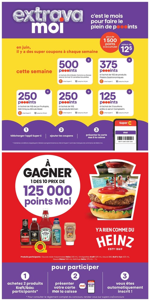 Circulaire Super C - Page 11. La page met en avant le programme Extravamoi avec des offres de points. En juin, il est possible d'accumuler plus de 1500 points, d'une valeur de 12 $. Cette semaine, des super coupons sont disponibles : 500 points à l'achat de produits Archibald, Corona ou Goose Island (format 12 canettes/bouteilles) ; 375 points à l'achat de 15 $ de produits Plaisirs Gastronomiques ; 250 points à l'achat de 10 $ de jus Fruitopia, Déli Cinq ou Minute Maid ; 250 points à l'achat de 10 $ de produits McCain ; et 125 points à l'achat de 3 bouillons prêts-à-servir Campbell's. Toutes ces offres sont valables jusqu'au 24 juin. Pour en profiter, il faut télécharger l'application Super C, ajouter les coupons et présenter la carte moi à la caisse. La partie inférieure de la page annonce un concours pour gagner l'un des 10 prix de 125 000 points Moi. Une image montre un hamburger avec du ketchup Heinz versé dessus, avec des personnes se baignant en arrière-plan. Les produits participants incluent les sauces style mayonnaise Heinz de 340 ml, les vinaigrettes Kraft de 425 ml, la sauce barbecue Bull's-Eye de 425 ml, la sauce Diana de 500 ml et le ketchup Heinz de 375 ml à 1 litre. Pour participer, il suffit d'acheter 2 produits Kraft Heinz participants, de présenter sa carte moi à la caisse pour être automatiquement inscrit. Les détails du règlement sont disponibles sur superc.ca/concours.