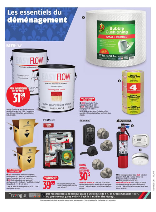 Circulaire Canadian Tire - Page 2. La page est intitulée "Les essentiels du déménagement". On y trouve de la peinture d'intérieur au latex Easyflow, apprêt ou peinture de plafond, fini coquille d'oeuf, à 31,99 $ chaque pour 3,78 L. Du papier bulles Duck de 175 pieds est offert à 45,99 $. Un paquet de 4 rouleaux de ruban d'emballage transparent Cantech est à 8,99 $. Certains papiers d'emballage et films extensibles sont entre 26,99 $ et 52,99 $. Des boîtes de déménagement pliantes sont disponibles : la boîte moyenne de 16 x 16 x 16 pouces est à 2,65 $, la petite boîte de 18 x 11 x 12 pouces est à 1,75 $. Des boîtes de déménagement grandes, très grandes ou extra-larges sont entre 3,55 $ et 4,99 $. Un ensemble de peinture Premier de 14 pièces est à 39,99 $. Des rabais allant jusqu'à 30 % sont offerts sur certaines serrures de porte, pênes dormants et poignées d'entrée Schlage, avec des prix de vente entre 29,99 $ et 169,99 $. Un extincteur polyvalent Garrison de 2 livres est à 29,99 $. Enfin, des rabais allant jusqu'à 20 % sont appliqués sur certains extincteurs et détecteurs de sécurité Garrison. Une bannière en bas de page mentionne des récompenses avec une remise de 4 % en Argent Canadian Tire.