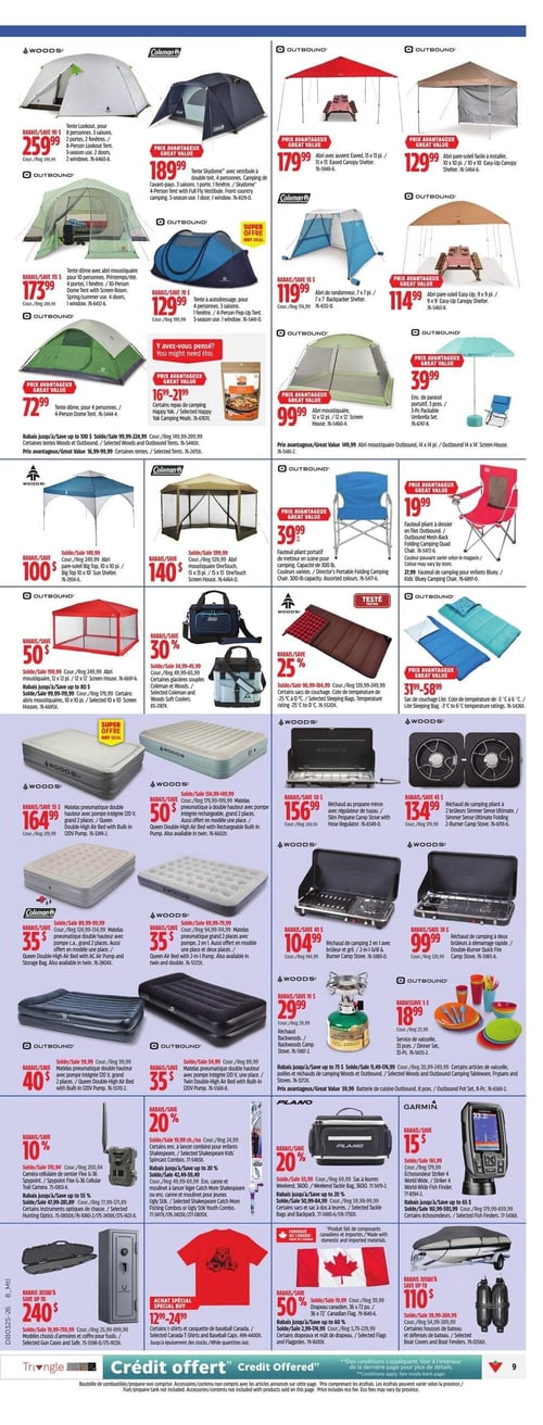 Circulaire Canadian Tire - Page 11. La page présente une variété d'articles de camping et de plein air. On y trouve des tentes et abris, incluant la tente Woods pour 8 personnes à 259,99 $, la tente Skydome Coleman pour 4 personnes à 189,99 $, des abris Outbound de 13 x 13 pieds à 179,99 $ et de 10 x 10 pieds à 129,99 $. D'autres tentes Outbound sont offertes, comme la tente dôme pour 10 personnes à 173,99 $ et la tente à auto-dressage pour 4 personnes à 129,99 $. Des abris de randonneur et pare-soleil Outbound sont disponibles à partir de 114,99 $. Des repas de camping Happy Yak sont en vente de 16,99 $ à 21,99 $. La section des abris moustiquaires et parasols comprend un ensemble de parasol Outbound de 3 pièces à 39,99 $, un abri moustiquaire Outbound de 12 x 12 pieds à 99,99 $, un abri pare-soleil Woods de 10 x 10 pieds avec 100 $ de rabais, et un abri moustiquaire Coleman OneTouch de 15 x 13 pieds avec 140 $ de rabais. Des fauteuils pliants Outbound sont offerts à 39,99 $ et 19,99 $. Pour le couchage et la cuisine, on trouve des glacières souples Coleman et Woods avec 30 % de rabais, des sacs de couchage Woods et Outbound avec jusqu'à 25 % de rabais ou de 31,99 $ à 58,99 $. Des matelas pneumatiques doubles Woods avec pompe intégrée sont à 164,99 $ (120 V) et avec pompe rechargeable à 50 $ de rabais. Des matelas pneumatiques doubles Coleman et Woods 2-en-1 sont également en rabais de 35 %. Des réchauds de camping Woods sont disponibles, incluant un modèle mince au propane à 156,99 $, un 2 brûleurs Simmer Sense à 134,99 $, un 2-en-1 grill à 104,99 $, et un 2 brûleurs Quick Fire à 99,99 $. Un réchaud Woods Backwoods est à 29,99 $. Un service de vaisselle Outbound de 33 pièces est à 18,99 $. Enfin, la page propose des accessoires divers : une caméra cellulaire de sentier Woods ou Spypoint avec 10 % de rabais, des cannes à pêche Shakespeare Kids avec 20 % de rabais, des ensembles canne et moulinet Shakespeare ou Ugly Stik avec jusqu'à 20 % de rabais, des sacs à leurres Plano avec 20 % de rabais, un échosondeur Garmin Striker 4 avec 15 $ de rabais, des étuis à armes et coffres pour fusils Woods avec jusqu'à 240 $ de rabais, des t-shirts et casquettes de baseball Canadian Tire de 12,99 $ à 24,99 $, des drapeaux canadiens avec 50 % de rabais, et des housses de bateau et défenses de bateau Outbound avec jusqu'à 110 $ de rabais.