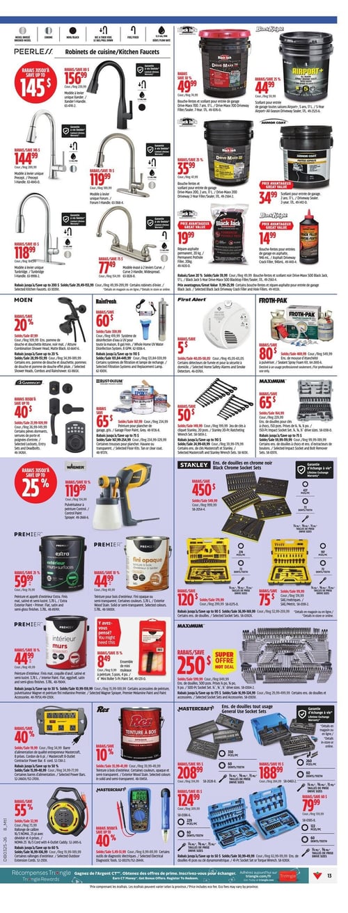 Circulaire Canadian Tire - Page 15. La page présente des rabais sur une variété de produits pour la maison et l'atelier. Dans la section des robinets de cuisine Peerless, des économies allant jusqu'à 145 $ sont offertes, avec des modèles comme le Xander à 156,99 $ (rég. 239,99 $), le Precept à 144,99 $ (rég. 289,99 $), le Forum à 119,99 $ (rég. 189,99 $), le Tunbridge à 118,99 $ (rég. 184,99 $) et le Curve à 77,49 $ (rég. 154,99 $). Des rabais jusqu'à 200 $ sont disponibles sur certains robinets d'évier. Pour l'entretien des entrées de garage, les scellants Black Jack sont en vedette : le Drive-Maxx 700 de 17 L à 49,99 $ (rég. 79,99 $), l'Airport+ de 5 L à 44,99 $ (rég. 59,99 $), le Drive-Maxx 200 de 17 L à 35,99 $ (rég. 47,99 $) et l'Armor Coat de 17 L à 34,99 $. Des produits de réparation d'asphalte sont aussi offerts : le Permanent Pothole Filler de 20 kg à 19,99 $ et le Crack Filler de 946 mL à 14,99 $. Des rabais de 20 % sont appliqués sur certains scellants et bouche-fentes Black Jack. D'autres articles incluent un ensemble de douche Moen avec 20 % de rabais (rég. 109,99 $), un système de désinfection d'eau UV Rainfresh à 60 $ de rabais (rég. 359,99 $), des détecteurs de fumée First Alert avec 5 $ de rabais, et de la mousse d'étanchéité Froth-Pak à 80 $ de rabais (rég. 549,99 $). La section peinture et outils propose un pulvérisateur Wagner à 119,99 $ (rég. 134,99 $), des peintures Premier Extra extérieur de 3,78 L à 59,99 $ (rég. 79,99 $) et intérieur Murs de 3,78 L à 44,99 $ (rég. 49,99 $), ainsi que la teinture à bois Premier Fini Opaque de 3,78 L à 44,99 $ (rég. 49,99 $). Un ensemble de mini rouleaux à peinture de 5 pièces est à 8,49 $ (rég. 9,99 $). La teinture à bois Rez est à 10 % de rabais. La peinture pour plancher de garage Rust-Oleum de 3,78 L est à 65 $ de rabais (rég. 234,99 $). Pour les outils, des ensembles de douilles Stanley sont disponibles : un ensemble de 427 pièces à 450 $ (rég. 999,99 $), un de 274 pièces à 120 $ (rég. 179,99 $) et un de 197 pièces à 75 $ (rég. 174,99 $). Une super offre sur un ensemble de douilles Maximum de 500 pièces est à 250 $ (rég. 849,99 $). Les ensembles de douilles Mastercraft incluent un 350 pièces à 208,99 $ (rég. 314,99 $), un 260 pièces à 188,99 $ (rég. 284,99 $) et un 122 pièces à 79,99 $ (rég. 139,99 $). Enfin, des rabais sont offerts sur les produits Mastercraft : jusqu'à 40 $ sur certains ensembles de serrure Garrison, 40 % sur une barre d'alimentation de 8 prises (rég. 34,99 $), 55 % sur une rallonge de 25 pi (rég. 32,99 $) et jusqu'à 40 % sur certains outils de diagnostic électriques.