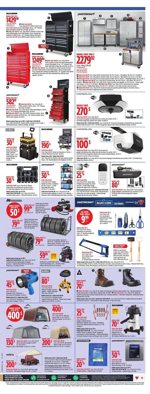 Circulaire Canadian Tire - Page 17. La page présente une variété d'articles pour l'atelier, le garage et l'extérieur. En haut à gauche, des coffres à outils et armoires de marque Maximum sont offerts : un grand coffre à outils de 56 po avec barre d'alimentation USB intégrée à 1429,98 $, un coffre à outils de 47 po à 1249,98 $, un coffre intermédiaire de 3 tiroirs à 582,97 $ et une armoire de 6 tiroirs. À droite, un système de rangement de garage Mastercraft est en rabais de 1000 $, à 2279,92 $, incluant diverses armoires et un centre de travail. Au centre de la page, des solutions de rangement d'outils incluent un système de coffres modulaires DeWalt à 190 $, un chariot de mécanicien Maximum à 190 $, un établi en acier Maximum à 190 $ et un plateau de rangement extra-profond Maximum en rabais de 30 %. Des ouvre-portes de garage Chamberlain sont présentés : un modèle avec caméra à 270 $ de rabais, un modèle avec pile de secours et caméra à 100 $ de rabais, ainsi qu'un clavier vidéo intelligent en rabais de 25 %. Un ouvre-porte de garage intelligent Mastercraft est aussi offert à 80 $ de rabais. La section Motomaster propose des accessoires pour pneus : un gonfle-pneu de service à 99,99 $, un support mural pour pneus à 79,99 $, un chariot à pneus réglable à 79,99 $ et un gonfle-pneu à entraînement direct à 59,99 $. Des outils Mastercraft sont également en vedette : un projecteur à DEL à 45 % de rabais, un ensemble d'accessoires polyvalents de coupe ou un niveau magnétique en aluminium au choix à 9,99 $, une scie à métaux à 50 % de rabais, des maillets en caoutchouc à 9,99 $ et un ensemble de forets, meules et outils à main avec jusqu'à 70 % de rabais. Un tabouret d'atelier réglable DeWalt est à 80 $ de rabais. Pour l'extérieur, des abris Shelterlogic sont disponibles : un abri pour camion/VUS à 400 $ de rabais, un abri à toit pointu Garage-in-a-Box à 130 $ de rabais, un abri étanche Shed-in-a-Box à 200 $ de rabais, un abri tout usage Clearview Weatherfast à 200 $ de rabais et un abri à toit pointu Sandstone à 250 $ de rabais. Enfin, des bottes de travail Stanley et Altra sont en rabais jusqu'à 70 %, des sangles à cliquet et cordons élastiques Maximum sont à 25 % de rabais, un aspirateur sec et humide Maximum de 30 L est à 70 $ de rabais, une bâche robuste Mastercraft est à 50 % de rabais et une bâche Certified est à 20 % de rabais.