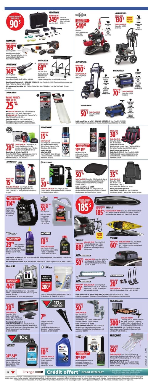 Circulaire Canadian Tire - Page 18. La page présente une variété de produits pour l'entretien automobile, les accessoires de transport et les fluides. Dans la section supérieure gauche, on trouve la trousse de micropolisage Simoniz à 249,99 $ (rabais de 90 $), le nettoyeur haute pression portatif électrique iWorx à 199,99 $ (rabais de 50 $), la polisseuse à double action Simoniz à 149,99 $ (rabais de 50 $) et le chariot utilitaire de finition Simoniz à 69,99 $ (rabais de 35 $). Des chiffons d'atelier Scott sont aussi offerts. La section supérieure droite met en vedette des nettoyeurs haute pression : un Briggs & Stratton à 549,99 $, un Simoniz à essence avec 130 $ de rabais, un Simoniz électrique avec 100 $ de rabais et un Simoniz électrique compact avec 70 $ de rabais. Au centre gauche, des produits de nettoyage et d'esthétique automobile sont en promotion : jusqu'à 25 % de rabais sur les serviettes de séchage et les chamois, 20 % sur la trousse d'articles essentiels Chemical Guys, 30 % sur la trousse de polissage Chemical Guys, 15 % sur le lustre moussant pour pneus Simoniz, 25 % sur la brosse de lavage Simoniz et 20 % sur certains produits de nettoyage Silverwax. Au centre droit, des accessoires intérieurs et extérieurs : des articles de revêtement Rocker Guard entre 19,99 $ et 109,99 $, 50 % de rabais sur le coussin de siège gel confort Simoniz, 30 % sur les housses de siège et hamacs Simoniz, et 35 % sur les ensembles de tapis d'auto toutes saisons Simoniz. La section inférieure gauche propose des huiles et fluides : l'huile 2 temps marine XPS à 114,99 $, l'huile pour moteur Lucas 2 temps et mer de 3,78 litres à 55,99 $ (rabais de 10 %), l'huile synthétique pour engrenages Royal Purple à 29,99 $, l'huile pour moteur Motul 4 temps avec 10 % de rabais, l'huile moteur synthétique Mobil 1 de 4,73 litres à 44,99 $, et l'huile moteur diesel Shell Rotella T4 de 18,9 litres, 2 pour 200 $. Des liquides de servodirection ou de frein OEM entre 24,99 $ et 34,99 $ et des liquides de transmission automatique Mobil ATF+4 avec 10 % de rabais sont également disponibles. La section inférieure droite présente des accessoires de transport et de remorquage : jusqu'à 185 $ de rabais sur les produits Thule, incluant le coffre de toit Convoy XT. Le porte-vélo d'attelage Thule pour 4 vélos est à 80 % de rabais, le porte-kayak de toit Thule Hull-a-Port Pro à 60 % de rabais. Le sac porte-bagages de toit étanche Motomaster est à 50 % de rabais, la barre lumineuse à DEL Motomaster de 14 pouces à 30 % de rabais et le porte-kayak de toit Motomaster J-Rack à 20 % de rabais. Des gants en nitrile Motomaster/OEM sont à 20 % de rabais. Des entonnoirs et absorbants sont entre 7,99 $ et 32,99 $. Un abaissement de 8 pouces en aluminium Trimax Razor est à 50 % de rabais. Une remorque utilitaire True North avec hayon est à 300 $ de rabais. Des frigorigènes et trousses de recharge Emzone sont entre 21,99 $ et 69,99 $. Enfin, une rampe de chargement en aluminium Prime est à 60 $ de rabais.