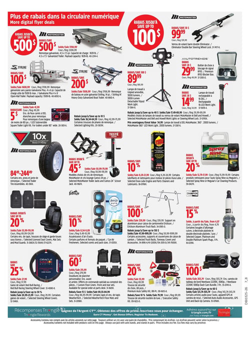 Circulaire Canadian Tire - Page 21. La page présente des rabais sur des accessoires et équipements automobiles. En haut à gauche, une remorque galvanisée de 4,5 x 7,5 pi est offerte avec un rabais jusqu'à 500 $. À droite, un verrou de volant barre double Eliminator est à 99,99 $ (rabais de 30 $). Un boîtier de choix à blocage de signal RFID est à 29,99 $ (rabais de 20 $). En dessous, une remorque galvanisée sans parois Galvalume Plus de 4 x 6 pi est offerte avec un rabais de 100 $. Une remorque de bateau en acier galvanisé Stirling de 14 pi bénéficie d'un rabais de 200 $. Une lampe de travail à trépied amovible de 3000 lumens est à 89,99 $ (rabais de 100 $). Une lampe de travail rechargeable de 16 DEL est à 14,99 $ (rabais de 20 $). Des modèles choisis de lampes de travail ou de verrous de volant sont offerts avec un rabais jusqu'à 40 $. Une lampe de travail DEL MotoMaster 360° de 2000 lumens est à 34,99 $. Plus bas, des ensembles de feux carrés à DEL étanches pour remorque sont à 5 $ (rabais de 41,99 $). Des ensembles pneu et jante de remorque sont de 84,49 $ à 244,49 $. Des modèles choisis de crics de remorque et de crics losange sont offerts avec un rabais jusqu'à 45 $. Des lubrifiants et nettoyants pour moteur Dura Lube bénéficient d'un rabais de 10 %. Des produits nettoyants pour l'auto Spray Nine ou Meguiar's sont offerts avec un rabais jusqu'à 20 %. Des assainisseurs d'air Febreze sont à 10 % de rabais. Des ensembles de tapis, housses de siège et garde-boues sous licence sont offerts avec un rabais jusqu'à 20 %. Un support en aluminium pour caisse de camionnette Erickson est à 100 $ de rabais. Des accessoires, supports et couvertures de caisse de camion sont offerts avec un rabais jusqu'à 130 $. Des bougies d'allumage Champion en cuivre ou à électrode platinée sont à 15 % de rabais. Une gaine de volant Red Bull Racing est à 25 % de rabais. Des gaines de volant choisies sont offertes avec un rabais jusqu'à 30 %. Des ensembles de plancher personnalisés sont à 60 $ de rabais. Des tapis et ensembles de tapis WeatherTech sont offerts avec un rabais de 15 $. Une trousse de sécurité de 88 pièces est à 20 % de rabais. Une trousse de sécurité routière de luxe est à 10 % de rabais. Un ensemble caméra de tableau de bord Nextbase 222XRC 1080p est à 100 $ de rabais. Des articles audio pour l'auto, appareils GPS et caméras de recul sont offerts avec un rabais jusqu'à 60 $.