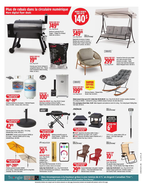 Circulaire Canadian Tire - Page 24. La page met en avant "Plus de rabais dans la circulaire numérique". En haut à gauche, un barbecue à granules Traeger Pro 34 est offert à 749,99 $ (rég. 849,99 $). Juste en dessous, des granules pour fumoir mélange de compétition Master Chef sont à 19,99 $ (rég. 29,99 $). En haut à droite, une balancelle de terrasse Bluebay à 3 places avec auvent et coussins est à 349,99 $ (rég. 399,99 $). Plus bas, un fauteuil en forme de cocon Habel Canvas avec cadre recouvert d'osier résistant à la rouille est à 299,99 $ (rég. 439,99 $), et une berceuse Kipaawa Canvas est à 199,99 $ (rég. 299,99 $). Au centre gauche, des bonbonnes de propane Flame King, vendues vides, sont disponibles de 46,99 $ à 99,99 $. À côté, un fumoir électrique numérique vertical Bradley à 4 grilles est en solde de 499,99 $ à 599,99 $ (rég. 599,99 $ à 699,99 $). Une sélection de meubles d'extérieur For Living ou Canvas est mentionnée, incluant une table d'appoint pliante en verre For Living à 34,99 $. En bas à gauche, un socle de parasol For Living de 40 livres est à 42,99 $, avec d'autres socles de parasol Canvas et For Living de 39,99 $ à 59,99 $. Un barbecue portatif au gaz Weber Traveler avec chariot est à 499,99 $. Au centre, des capuchons de poteau solaire Noma sont présentés : un paquet de 6 est à 44,99 $ et un modèle à filament en V est à 16,99 $. Des parasols de jardin Canvas et For Living sont offerts de 99,99 $ à 299,99 $. En bas à droite, des lampes solaires à DEL sur piquet For Living sont à 3 pour 6 $ (2,99 $ chacune). Un thermomètre intelligent pour barbecue Meater Plus est à 119,99 $ (rég. 149,99 $), et d'autres thermomètres pour barbecue sont de 139,99 $ à 215,99 $ (rég. 269,99 $). Des fauteuils Adirondack très grands sont à 29,99 $ chacun. Enfin, une très grande chaise longue gravité zéro, beige, est à 99,99 $ (rég. 109,99 $), et d'autres chaises longues gravité zéro sont de 59,99 $ à 79,99 $. Le bas de page mentionne des récompenses avec une remise de 4 % en Argent Canadian Tire.