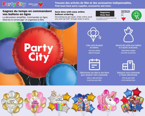 Circulaire Canadian Tire - Page 29. Cette page met en avant le service de commande de ballons en ligne de Party City, disponible chez Canadian Tire. Le texte principal invite à gagner du temps en commandant les ballons en ligne pour une décoration simplifiée et un ramassage réservé. La page détaille quatre étapes pour commander : créer un bouquet de ballons, ajouter des poids et autres accessoires, sélectionner une date et une heure de ramassage, puis ramasser la commande à l'heure sélectionnée. En bas de page, six exemples de bouquets de ballons sont présentés : un bouquet doré et blanc "Joyeux Anniversaire", un bouquet rose, doré et blanc avec un motif de petit gâteau "Joyeux Anniversaire", un bouquet d'étoiles argentées et dorées avec un motif de petit gâteau, un bouquet d'étoiles bleues et dorées avec une boîte-cadeau "Joyeux Anniversaire", un bouquet tête de licorne rose, et un bouquet sur le thème de Super Mario avec des étoiles rouges et bleues.