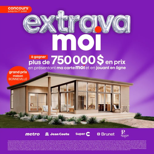 Circulaire Brunet - Page 11. Cette page promeut le concours "Extravamoi" qui se déroule jusqu'au 1er juillet. Plus de 750 000 $ en prix sont à gagner en présentant la carte Moi et en jouant en ligne. Le grand prix est une maison Bonneville. L'image présente une maison moderne avec de grandes baies vitrées, entourée d'un aménagement paysager verdoyant. Les partenaires du concours sont Metro, Jean Coutu, Super C, Brunet et Première Moisson. Les conditions générales précisent qu'aucun achat n'est requis et que le concours est ouvert aux résidents du Québec, de l'Ontario et du Nouveau-Brunswick, avec des prix incluant la maison, de l'argent comptant, des cartes-cadeaux essence Petro-Canada et des séjours de luxe au Club Med et Fairmont.