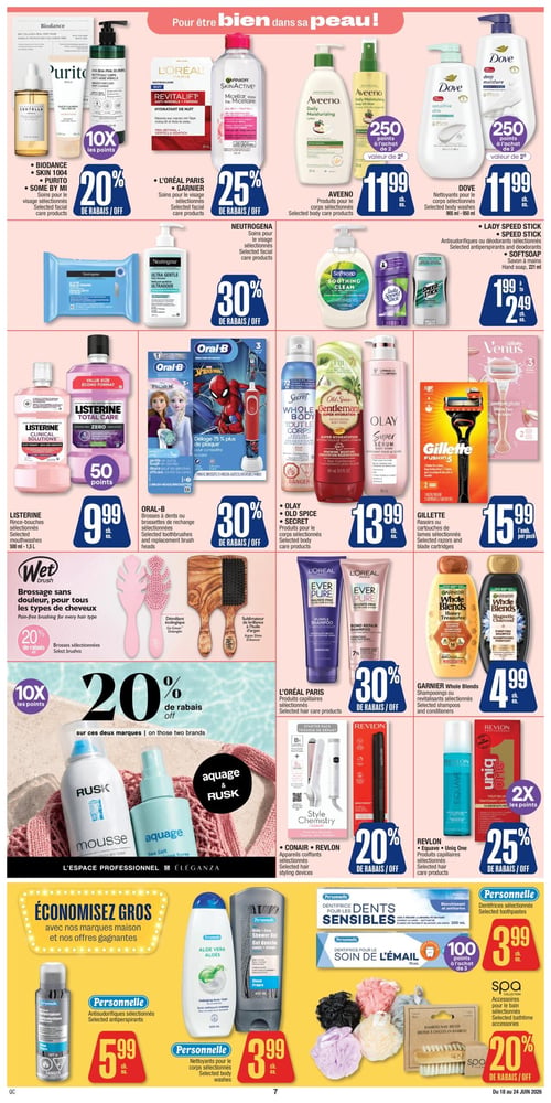 Circulaire Jean Coutu - Page 8. La page est intitulée "Pour être bien dans sa peau!". On y trouve 20 % de rabais sur les soins du visage Biodance, Purito et Some By Mi, avec 10x les points. Les soins du visage L'Oréal Paris et Garnier SkinActive sont à 25 % de rabais. Les produits pour le corps Aveeno et les nettoyants pour le corps Dove sont chacun à 11,99 $, avec 250 points à l'achat de 2. Les antisudorifiques ou déodorants Lady Speed Stick et Speed Stick, ainsi que le savon à mains Softsoap, sont offerts de 1,99 $ à 2,49 $ chacun. Les soins du visage Neutrogena bénéficient de 30 % de rabais. Les rince-bouches Listerine de 500 ml à 1,5 L sont à 9,99 $ chacun, avec 50 points. Les brosses à dents ou brossettes de rechange Oral-B sont à 30 % de rabais. Les produits pour le corps Olay, Old Spice et Secret sont à 13,99 $ chacun. Les rasoirs ou cartouches de lames Gillette sont à 15,99 $ l'emballage. Les brosses Wet Brush sont à 20 % de rabais. Les produits capillaires L'Oréal Paris sont à 30 % de rabais. Les shampooings ou revitalisants Garnier Whole Blends sont à 4,99 $ chacun. Il y a 20 % de rabais sur les marques Aquage et Rusk, et 20 % de rabais sur les appareils coiffants Conair et Revlon. Les produits capillaires Revlon Equave Uniq One sont à 25 % de rabais, avec 2x les points. La section "Économisez gros" propose les antisudorifiques Personnelle sélectionnés à 5,99 $ chacun, les nettoyants pour le corps Personnelle sélectionnés à 3,99 $ chacun, et les dentifrices Personnelle sélectionnés à 3,99 $ chacun, avec 100 points à l'achat de 3. Enfin, les accessoires pour le bain Spa Collection sont à 20 % de rabais.