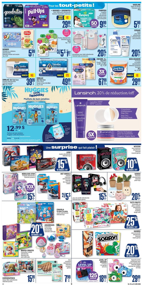 Circulaire Jean Coutu - Page 12. La page présente des produits pour bébés et des jouets. En haut, les sous-vêtements Goodnites ou Pull-Ups sont à 29,99 $ le paquet, avec un rabais allant jusqu'à 8 $. Les lingettes ou maillots Pampers sélectionnés sont à 9,99 $ le paquet, avec 50 points. La gelée de pétrole Vaseline est à 5,99 $ chacun. Les céréales ou collations Gerber sélectionnées sont à 5,99 $ chacun. Les purées Personnelle bébé sélectionnées sont à 3 pour 5 $ ou 1,67 $ l'unité. Les accessoires Personnelle bébé sélectionnés et les soins pour bébé CeraVe sélectionnés bénéficient de 20 % de rabais. Les poudres Similac 360 Total Care sont à 39,99 $ chacun (rabais de 15 $), et la version prête à servir est à 49,99 $ par paquet (rabais de 12 $). La poudre Enfamil A+ NeuroPro est à 67,99 $ par paquet, avec 3x les points. Les formules Bien Grandir sélectionnées sont à 29,99 $ chacun (rabais de 5 $).

Au centre, les maillots de bain jetables Huggies Little Swimmers sont à 12,99 $ chacun. Les produits Lansinoh, incluant la lanoline HPA, les coussinets d'allaitement et le baume biologique pour les mamelons, bénéficient de 20 % de réduction, avec 5x les points sur le baume.

La section "Une surprise qui fait plaisir!" propose des jouets et jeux. Les jouets LEGO sélectionnés ont 15 % de rabais. Les jeux musicaux Hitster sélectionnés ont 10 % de rabais. Les produits Nebulous Star sélectionnés ont 15 % de rabais et 10x les points. Les voitures matricées Hot Wheels sélectionnées sont à 2 pour 5 $. Les jeux de société sélectionnés (Grab Mic, Sorry) ont 15 % de rabais. Les peluches Kawaii sélectionnées ont 20 % de rabais. Les ensembles de pâte à modeler Tutti Frutti sélectionnés ont 25 % de rabais. Les ensembles de bricolage Aquabeads sélectionnés ont 20 % de rabais. Les jeux de société Hasbro (Jenga, Sorry) ont 20 % de rabais. Les jeux compacts sélectionnés (Échiquier de Voya, Dominos) sont à 7,99 $ chacun. Les casse-têtes Eurographics sélectionnés sont à 15,99 $ chacun. La console Level Up Arcade 118 jeux est à 18,99 $, avec 125 points. Les appareils photo numériques pour enfant sélectionnés sont à 29,99 $.