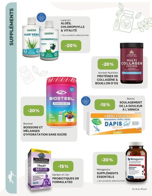Circulaire La Moisson Supermarché Santé - Page 6. La page est dédiée aux suppléments. On y trouve : 20 % de rabais sur les aloès, chlorophylle et vitalité de la marque Land Art, incluant l'Aloe Vera et la Chlorophylle Menthe verte de 500 ml. Également, 20 % de rabais sur les protéines de collagène et bouillon d'os Ancient Nutrition, comme la protéine Multi Collagen saveur vanille. Les boissons et mélanges d'hydratation sans sucre Biosteel, tel que le mélange Hydration Mix Rainbow Twist de 315 g pour 45 portions, sont à 20 % de rabais. Pour le soulagement de la douleur, le Dapis Gel de Boiron pour piqûres d'insectes de 40 g est à 15 % de rabais. Les probiotiques Dr Formulated Mood+ de Garden of Life, 50 milliards avec 16 souches probiotiques en 60 capsules, sont à 15 % de rabais. Enfin, les suppléments essentiels Metagenics, dont le Magnesium Glycinate en 120 comprimés, bénéficient de 20 % de rabais sur produits sélectionnés.
