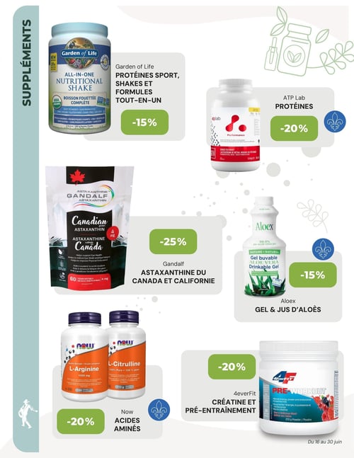 Circulaire La Moisson Supermarché Santé - Page 7. La page est dédiée aux suppléments. On y trouve une boisson fouettée complète Garden of Life, tout-en-un, avec 20 grammes de protéines, format de 969 grammes, en rabais de 15 %. Des protéines ATP Lab, du lactosérum de bétail nourri en pâturage, format de 1,8 kg, sont offertes avec un rabais de 20 %. L'astaxanthine Gandalf, cultivée au Canada et en Californie, qui aide à soutenir la santé oculaire et à améliorer l'endurance physique, en 60 gélules végétaliennes de 4 mg, bénéficie d'un rabais de 25 %. Le gel et jus d'aloès Aloex, un gel buvable d'aloès vera de 1 litre, est en rabais de 15 %. Les acides aminés Now, incluant la L-Arginine 1000 mg en 120 comprimés et la L-Citrulline 100 % pure en 113 grammes de poudre, sont en rabais de 20 %. Enfin, le pré-entraînement 4everFit, qui augmente l'énergie, la puissance et l'endurance, en 210 grammes de poudre, est également en rabais de 20 %.