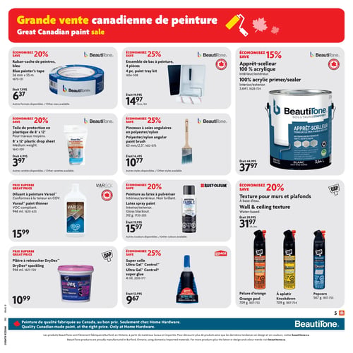 Circulaire Home Hardware - Page 6. La page présente une "Grande vente canadienne de peinture". On y trouve plusieurs produits Beautitone : un ruban-cache de peintres bleu de 36 mm x 55 m, à 6,37 $ (anciennement 7,99 $), un ensemble de bac à peinture de 4 pièces à 14,97 $ (anciennement 19,99 $), un apprêt-scelleur 100 % acrylique intérieur/extérieur de 3,64 litres à 37,97 $ (anciennement 44,99 $), une toile de protection en plastique de 8' x 12' à 3,97 $ (anciennement 4,99 $), et des pinceaux à soies angulaires en polyester/nylon de 63 mm à 10,77 $ (anciennement 14,49 $). On trouve aussi un diluant à peinture Varsol de 946 ml à 15,99 $, une peinture au latex à pulvériser Rust-Oleum noir brillant de 312 grammes à 15,97 $ (anciennement 19,99 $), et une texture pour murs et plafonds DAP à base d'eau à 31,97 $ l'unité (anciennement 39,99 $), disponible en trois types : Pelure d'orange (709 g), À aplatir (709 g) et Popcorn (567 g). Enfin, un plâtre à reboucher DryDex de 946 ml est offert à 10,99 $ et une super colle Ultra Gel Control LePage de 4 ml à 9,67 $ (anciennement 12,99 $).