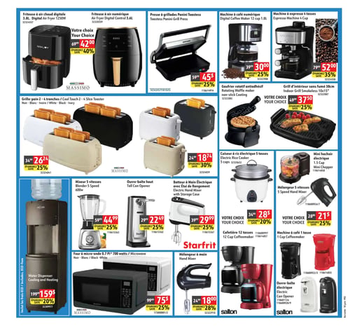 Circulaire Korvette - Page 2. La page présente une variété d'appareils de cuisine. En haut, deux friteuses à air, une digitale 3,8 litres et une numérique 3,6 litres, sont offertes à 42,00 $ chacune, avec 40 % de rabais. Une presse à grillades Panini Toastess est à 45,00 $, soit 25 % de rabais. Une machine à café numérique 12 tasses est à 30,00 $ (25 % de rabais) et une machine à expresso 4 tasses est à 52,00 $ (35 % de rabais).

La section suivante propose des grille-pain : un modèle Massimo 2 à 4 tranches (noir, blanc ou ivoire) à 26,24 $ (25 % de rabais), et un autre modèle 2 à 4 tranches à 18,74 $ (30 % de rabais). Un gaufrier rotatif antiadhésif est à 37,50 $ (25 % de rabais) et un grill d'intérieur sans fumée de 38 cm est également à 37,50 $ (25 % de rabais).

Plus bas, un distributeur d'eau (refroidissement et chauffage) est à 159,00 $, avec 20 % de rabais et les frais ÉCO inclus. Un mélangeur Starfrit 5 vitesses de 600 watts est à 44,99 $ (25 % de rabais). Un ouvre-boîte haut Starfrit est à 22,49 $ (25 % de rabais) et un batteur à main électrique Starfrit avec étui de rangement est à 29,99 $ (25 % de rabais). Un cuiseur à riz électrique 5 tasses est à 28,00 $ (20 % de rabais) et un mini hachoir électrique 1,5 tasse est à 21,00 $ (25 % de rabais). Un mélangeur Salton 5 vitesses est à 21,00 $ (25 % de rabais).

Enfin, un four à micro-ondes Massimo 0,7 pied cube 700 watts (noir ou blanc) est à 75,00 $ (25 % de rabais). Un mélangeur à main Salton est à 18,00 $ (28 % de rabais). Une cafetière Salton 12 tasses (noir ou rouge) est à 28,00 $ (20 % de rabais). Une machine à café Salton 1 tasse (noir ou rouge) est à 21,00 $ (25 % de rabais). Un ouvre-boîte électrique Salton (blanc ou noir) est à 29,99 $ (25 % de rabais).