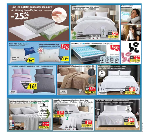 Circulaire Korvette - Page 4. La page présente des articles de literie et de chambre à coucher. En haut à gauche, tous les matelas en mousse mémoire sont offerts avec 25 % de rabais. Au centre supérieur, une couette synthétique roulée "Effet BAMBOU" pour 4 saisons et hypoallergène est à 22,74 $ pour les tailles simple/double, avec 35 % de rabais. À droite, un oreiller cervical en mousse mémoire est à 12,97 $, soit 35 % de rabais. En dessous, un oreiller standard THERA-PEDIC ZERO PLAT pour dormeur sur le dos ou le côté est à 16,24 $. Un oreiller tricoté en bambou ultra de 20 par 26 pouces est à 11,04 $, avec 35 % de rabais. Au centre de la page, un surmatelas en gel mousse à mémoire infusé à 7 zones de confort est offert avec 35 % de rabais, à partir de 45,47 $ pour la taille simple. Plus bas, un ensemble de housse de couette KRAFT de 3 pièces, toutes grandeurs, est à 16 $. Un ensemble courtepointe en satin SETA de 3 pièces est à 38,50 $ pour les tailles grand/double, avec 30 % de rabais. Un ensemble de housse de couette HOTEL HOME de 3 pièces en 350 fils 100 % coton est à 48,99 $ pour les tailles grand/double, avec 30 % de rabais. En bas à gauche, un ensemble de draps uni ou imprimé en microfibre confort BAMBOU de 6 pièces, incluant 2 taies d'oreiller supplémentaires, est à 15,00 $ pour les tailles simple/double 4 pièces, avec 34 % de rabais. Au centre inférieur, un drap plat ou drap contour de 200 fils (50 % coton, 50 % polyester) est à 4,00 $ pour un ensemble de 2 taies d'oreiller (33 % de rabais), et à 9,00 $ pour les tailles simple/double (30 % de rabais). Enfin, en bas à droite, un ensemble de draps 100 % coton 350 fils de couleurs assorties est à 39,00 $ pour les tailles double/grand, avec 35 % de rabais.