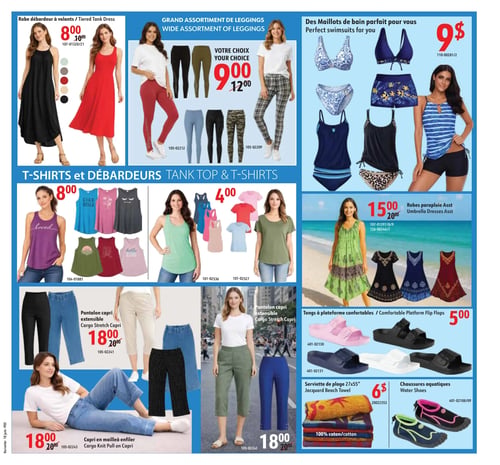 Circulaire Korvette - Page 5. La page présente une variété de vêtements et accessoires d'été. En haut à gauche, des robes débardeurs à volants sont offertes à 8,00 $ (anciennement 10,00 $), disponibles en plusieurs couleurs comme le noir et le rouge. Au centre supérieur, un grand assortiment de leggings est à 9,00 $ (anciennement 12,00 $), incluant des modèles unis, camouflage et à carreaux. En haut à droite, des maillots de bain sont affichés à 9,00 $, avec divers hauts, bas et tankinis. La section centrale est dédiée aux t-shirts et débardeurs : des débardeurs avec motifs ou textes sont à 8,00 $, et d'autres débardeurs et t-shirts unis sont à 4,00 $. En bas à gauche, des robes parapluie sont à 15,00 $ (anciennement 20,00 $), présentées en quatre styles dont une verte à motifs et des modèles foncés. Au centre inférieur, des pantalons capri extensibles sont à 18,00 $ (anciennement 20,00 $), disponibles en plusieurs coupes et couleurs comme le noir, le denim et le beige, ainsi qu'un capri en maille. En bas à droite, des tongs à plateforme confortables sont à 5,00 $, offertes en rose, noir, bleu et blanc. Une serviette de plage jacquard de 27x55 pouces est à 6,00 $, et des chaussures aquatiques sont également à 6,00 $, disponibles en deux couleurs.