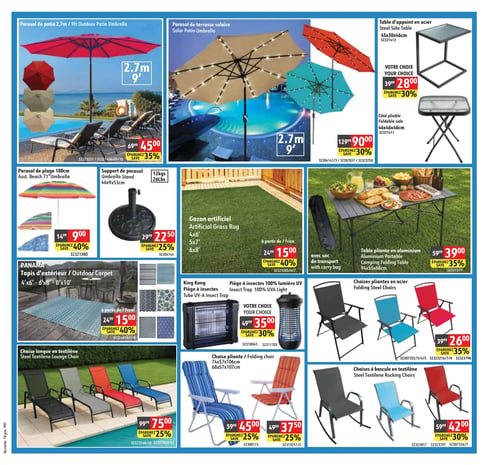 Circulaire Korvette - Page 7. La page présente des articles pour l'extérieur et le jardin. En haut à gauche, un parasol de patio de 2,7 mètres est offert en plusieurs couleurs (rouge, orange, gris, beige) à 45,00 $, un rabais de 35 %. À côté, un parasol de terrasse solaire de 2,7 mètres avec lumières intégrées, disponible en beige, rouge et turquoise, est à 90,00 $, un rabais de 30 %. Plus à droite, une table d'appoint en acier de 45x30x46 cm ou une table pliante de 46x46x46 cm sont au choix à 28,00 $, un rabais de 30 %. En dessous, un parasol de plage de 180 cm, assorti, est à 9,00 $, un rabais de 40 %. Un support de parasol de 12 kg est à 22,50 $, un rabais de 25 %. Un gazon artificiel est disponible en formats 4x6, 5x7 ou 6x8 pieds, à partir de 15,00 $, un rabais de 40 %. Une table pliante en aluminium de 94x55x68 cm, avec sac de transport, est à 39,00 $, un rabais de 35 %. En bas de page, un tapis d'extérieur Panama est offert en plusieurs motifs et tailles (4x6, 6x8, 8x10 pieds), à partir de 15,00 $, un rabais de 40 %. Un piège à insectes King Kong avec lumière UV 100 % est au choix à 35,00 $, un rabais de 30 %. Des chaises pliantes en acier, disponibles en gris foncé, turquoise et rouge, sont à 26,00 $ chacune, un rabais de 35 %. Enfin, des chaises longues en textilène, en gris foncé, gris clair, rouge et bleu, sont à 75,00 $ chacune, un rabais de 25 %. Deux modèles de chaises pliantes en tissu sont présentés : une à rayures bleues de 74x57x106 cm à 45,00 $ et une à rayures oranges de 68x57x107 cm à 37,50 $, toutes deux avec 25 % de rabais. Des chaises à bascule en textilène, en gris foncé, turquoise et rouge, sont à 42,00 $ chacune, un rabais de 30 %.