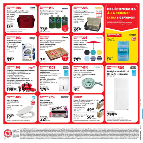 Circulaire Home Hardware - Page 2. La page présente plusieurs offres d'économies. En haut à gauche, une glacière souple et pliable Home Essentials, pouvant contenir jusqu'à 18 canettes, est à 13,57 $ (était 16,99 $). À côté, un paquet de 3 combustibles propane tout usage Bernzomatic est à 23,77 $ (était 27,99 $). Un réchaud au propane Martin en acier inoxydable avec pare-vent et poignée de transport, doté de 2 brûleurs, est offert à 69,97 $ (était 89,99 $). Une grande bannière rouge annonce "Des économies à la tonne!". Un ICEpak Cryopak de 1 livre est à 1,97 $ (était 3,99 $). Plus bas, un herbicide pour gazon et mauvaises herbes Roundup de 4 litres est à 33,57 $ (était 41,99 $). Des sacs en papier pour résidus de jardin Home, compostables et double épaisseur, sont vendus en paquet de 5 pour 3,49 $. Des parasols de marché In Style de couleurs variées sont à 79,97 $ chacun (était 99,99 $). Un ensemble combiné de perceuse-visseuse et de visseuse à percussion sous-compacte M12 REDLITHIUM Milwaukee, incluant deux batteries, un chargeur et un sac à outils, est à 198,00 $ l'ensemble (était 249,99 $). Un déshumidificateur portatif Omni Max de 22 chopines, avec 2 vitesses et minuterie de 24 heures, pour pièces jusqu'à 1500 pieds carrés, est à 179,97 $ (était 299,99 $). Un tamis et bol 2-en-1 Phantom Chef pour baies, disponible en menthe ou bleu poussiéreux, est à 4,97 $ chacun (était 14,99 $). Un réfrigérateur Omni Max de 18,1 pieds cubes est à 799,00 $ (était 849,00 $). En bas de page, un siège de toilette Centoco à fermeture lente, rond, est à 19,97 $ (était 35,99 $). Un modèle allongé est aussi disponible à 22,97 $ (était 39,99 $). Des piles alcalines Energizer, 24 AAA ou 36 AA, sont à 22,97 $ le paquet (était 28,99 $). Des paquets de moulure coloniale en vrac, MDF apprêté, sont offerts : un paquet de 10 à 49,57 $, un cadrage de 5/8" x 2-1/2" x 7' à 49,57 $ le paquet, et une plinthe de 1/2" x 3-1/4" x 8' à 58,97 $ le paquet.