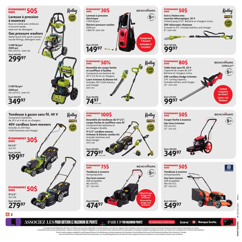 Circulaire Home Hardware - Page 3. La page présente onze offres sur des outils et équipements de jardinage et d'entretien extérieur. On y trouve une laveuse à pression à essence Radley de 2500 lb/po² et 150 centimètres cubes à 299,97 $ (était 349,99 $), économisez 50 $. Un modèle de 3200 lb/po² et 212 centimètres cubes est aussi disponible à 349,97 $ (était 399,99 $). Une laveuse à pression électrique Benchmark de 2000 lb/po² et 1800 watts, incluant 5 buses, est à 149,97 $ (était 179,99 $), économisez 30 $. Une scie à chaîne télescopique Radley de 20 volts, s'étendant jusqu'à 9,2 pieds et incluant batterie et chargeur, est à 99,97 $ (était 149,99 $), économisez 50 $. Un ensemble de coupe-herbe et souffleur Radley de 20 volts avec batterie 2,0 ampères-heures et chargeur est à 74,97 $ (était 149,99 $), économisez 50 $. Un taille-haie sans fil Benchmark de 20 volts, avec une capacité de coupe de 3/4 de pouce, batterie et chargeur inclus, et lames coupées au laser, est à 99,97 $ (était 179,99 $), économisez 80 $. Une tondeuse à gazon sans fil Radley de 40 volts, comprenant 2 batteries de 20 volts et 4 ampères-heures et un chargeur, est offerte en deux tailles : le modèle de 14-1/2 pouces à 199,97 $ (était 229,99 $), économisez 30 $, et le modèle de 17-1/2 pouces à 279,97 $ (était 329,99 $), économisez 50 $. En bas de page, un ensemble combiné Radley de tondeuse sans fil de 17-1/2 pouces, coupe-herbe et souffleur, incluant batteries et un chargeur double, est à 279,97 $ (était 379,99 $), économisez 100 $. Une coupe-herbe à essence Benchmark de 170 centimètres cubes et 22 pouces est à 349,97 $ (était 399,99 $), économisez 50 $. Deux tondeuses à essence autopropulsées sont également présentées : une Benchmark de 163 centimètres cubes et 22 pouces, alimentée par Briggs and Stratton, à 474,97 $ (était 549,99 $), économisez 75 $; et une Husqvarna de 166 centimètres cubes et 20 pouces à 549,97 $ (était 599,99 $), économisez 50 $.