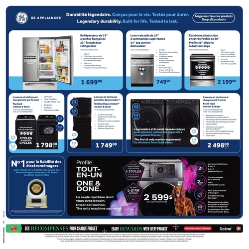 Circulaire Home Hardware - Centre de Rénovation - Page 18. La page met en vedette les électroménagers GE Appliances, conçus pour la durabilité. On y trouve un réfrigérateur de 33 pouces à portes françaises en acier inoxydable résistant aux marques de doigts, d'une capacité de 18,6 pi³, à 1 699,00 $. Un lave-vaisselle de 24 pouces à commandes supérieures, 47 dBA, avec panier supérieur supportant 30 livres, est offert à 749,00 $. Une cuisinière à induction encastrée Profile de 30 pouces, d'une capacité de 5,3 pi³, avec friture à air chaud sans préchauffage, est à 2 199,00 $.

La section des laveuses et sécheuses inclut une paire à chargement par le haut (laveuse 5,3 pi³, sécheuse 7,4 pi³) testée pour plus de 4000 cycles d'essorage, à 1 798,00 $ la paire. Une paire jumelée Spacemaker (laveuse 5,9 pi³, sécheuse 4,4 pi³) avec 11 cycles de lavage et tambour en acier inoxydable est à 1 749,00 $. Une paire à chargement frontal (laveuse 5,5 pi³, sécheuse 7,8 pi³) avec système UltraFresh et technologie antimicrobienne Microban est à 2 498,00 $ la paire.

GE Appliances est classé numéro 1 pour la fiabilité des électroménagers. La page présente également la laveuse/sécheuse 2-en-1 Profile UltraFast Combo, décrite comme "la seule machine dont vous avez besoin", avec le plus grand nombre d'évaluations 5 étoiles, un cycle complet de 2 heures, des économies d'énergie et une élimination durable des poils d'animaux. Ce combo est affiché à 2 599 $. En bas de page, une bannière mentionne des récompenses pour chaque projet.