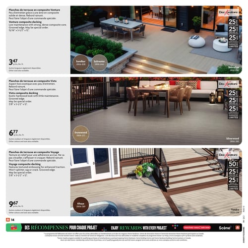 Circulaire Home Hardware - Page 19. La page présente trois types de planches de terrasse en composite DecKorators, chacune illustrée par une grande photo d'aménagement extérieur et accompagnée de ses caractéristiques, prix et couleurs disponibles.

La première offre concerne les planches de terrasse en composite Venture, à 3,47 $ le pied linéaire. Elles sont à faible entretien, avec une âme en composite solide et dense et un rebord rainuré. Elles mesurent 15/16" x 5-1/2" x 12' et peuvent faire l'objet d'une commande spéciale. Les couleurs disponibles sont Sandbar (2806-838), Saltwater (2806-846) et Shoreline (2806-980). Elles bénéficient d'une garantie limitée de 25 ans sur la structure, la tache, la décoloration, le retrait et le remplacement.

La deuxième offre est pour les planches de terrasse en composite Vista, à 6,77 $ le pied linéaire. Elles offrent un aspect bois exotique avec peu d'entretien, un rebord rainuré et peuvent être commandées spécialement. Leurs dimensions sont 7/8" x 5-1/2" x 12'. Les couleurs proposées sont Dunewood (2806-377) et Silverwood (2806-380). Elles incluent une garantie limitée de 25 ans sur la structure, la tache, la décoloration, le retrait et le remplacement.

La troisième offre présente les planches de terrasse en composite Voyage, à 9,67 $ le pied linéaire. Elles possèdent une texture en relief pour une adhérence accrue, ne s'écaillent pas, ne s'affaissent pas et ne craquent pas. Elles ont un rebord rainuré et sont disponibles sur commande spéciale, mesurant 7/8" x 5-1/2" x 12'. Les couleurs sont Khaya (2806-289) et Tundra (2806-238). Ces planches sont couvertes par une garantie limitée de 50 ans sur la structure et 25 ans sur la tache, la décoloration, le retrait et le remplacement.

En bas de page, une section "Des récompenses pour chaque projet" invite à s'inscrire au programme de fidélisation Scène+.