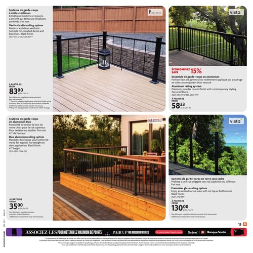 Circulaire Home Hardware - Page 20. La page présente quatre systèmes de garde-corps pour terrasses et balcons. En haut à gauche, un système de garde-corps Fortress à câbles verticaux, au fini noir, est offert à partir de 83,00 $ le pied linéaire. En haut à droite, un ensemble de garde-corps en aluminium Vista, fini noir texturé, est en rabais de 15 %, à partir de 58,33 $ le pied linéaire. En bas à gauche, un système de garde-corps en aluminium Duo Imperial Kool-Ray, fini noir et de 42 pouces de hauteur, est disponible à partir de 35,00 $ le pied linéaire. En bas à droite, un système de garde-corps en verre sans cadre Vista, fini noir, est offert à partir de 130,00 $ le pied linéaire. Au bas de la page, une bannière invite à associer les cartes Scene+ et Banque Scotia pour obtenir le maximum de points.