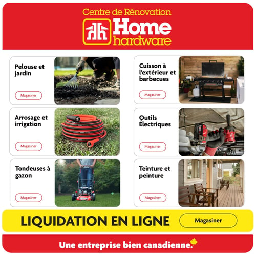 Circulaire Home Hardware - Page 28. La page présente six catégories de produits sous forme de grille. À gauche, on trouve les sections "Pelouse et jardin" illustrée par une personne ratissant le sol, "Arrosage et irrigation" avec un tuyau d'arrosage orange enroulé, et "Tondeuses à gazon" montrant une personne utilisant une tondeuse rouge. À droite, les sections incluent "Cuisson à l'extérieur et barbecues" avec une plancha noire, "Outils Électriques" où une main gantée tient un outil Milwaukee rouge, et "Teinture et peinture" illustrée par une terrasse en bois avec des meubles. Chaque section est accompagnée d'un bouton "Magasiner". En bas de page, une grande bannière jaune annonce une "LIQUIDATION EN LIGNE" avec un bouton "Magasiner". Le bas de la page contient également le slogan "Une entreprise bien canadienne.".