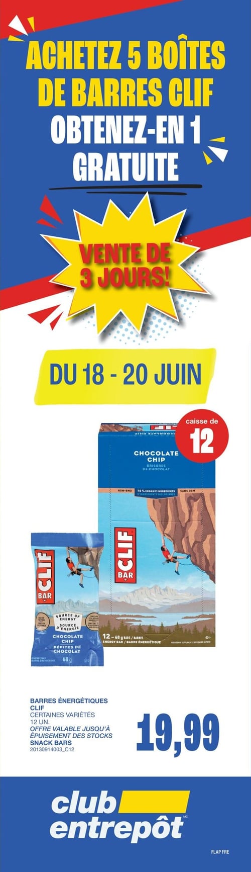 Club Entrepôt - Page 4. La page met en avant les "Produits Frais" et une "Aubaine de la Semaine" valide "7 Jours Seulement", du jeudi 18 juin au mercredi 24 juin 2026. On y trouve : du bœuf haché mi-maigre en tube, emballage sous-vide, avec une offre de 15 000 points Optimum à l'achat de 2 produits (produit canadien). Ensuite, des pêches de 3 litres ou des nectarines de 2 litres de la marque "Délices du Marché", produit des États-Unis, pour 7,99 $. Enfin, des patates Russet, produit du Canada, en sac de 10 livres, pour 4,79 $.