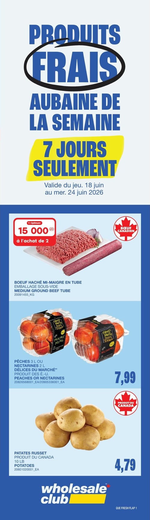 Club Entrepôt - Page 5. La page met en avant une promotion PC Optimum offrant 12 000 points lorsque vous dépensez 60 $ ou plus, valide du 18 juin au 8 juillet. Il est mentionné d'ouvrir l'application PC Optimum pour télécharger des offres exclusives, avec une utilisation seulement. La page présente des emballages écoresponsables à usage unique pour la restauration, incluant des contenants blancs, des boîtes de livraison en carton brun, des verres pour fête de 100 unités (18 oz / 532 ml) en couleurs or et rouge, des bols en plastique transparent avec couvercles, des ustensiles en plastique transparent (fourchettes et cuillères), et des plats en aluminium pour bain-marie de 10 unités.