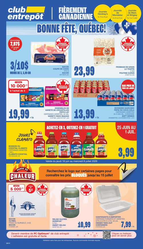Circulaire Club Entrepôt - Page 1. La page annonce les Journées Hershey's, valides 5 jours seulement, du 16 au 20 juin. Deux offres distinctes permettent d'obtenir 10 000 points Optimum à l'achat de 7 boîtes de barres. La première offre concerne les barres format géant Hershey's, incluant les barres Reese's Big Cup et Oh Henry! 2, disponibles en certaines variétés. La deuxième offre est pour les barres format individuel Hershey's, avec des options comme Hershey's Amandes Entières, Hershey's Cookies 'n' Creme et Oh Henry!, également en certaines variétés. Enfin, une caisse de 16 barres de chocolat grand moule grand format Reese's, incluant les saveurs Big Cup Grand Moule et Big Cup Chocolat Lava, est offerte à 23,99 $.