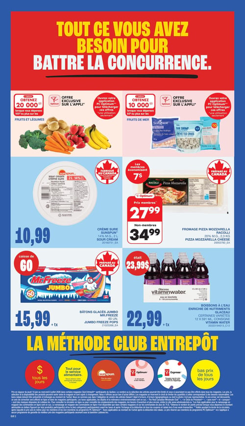 Club Entrepôt - Page 7. La page est intitulée en gros caractères rouges : "Tout ce que vous avez besoin pour battre la concurrence".
Deux offres exclusives PC Optimum sont présentées : la première permet d'obtenir 20 000 points en dépensant 100 $ ou plus sur les fruits et légumes (illustrés par du brocoli, des carottes, des fraises, des bananes et des pommes de terre). La seconde offre 10 000 points en dépensant 50 $ ou plus sur les fruits de mer (illustrés par des pétoncles de baie congelés SeaQuest de 400 g, des crevettes crues de 136 g et des filets de pangasius de 2 kg). Ces offres sont à télécharger via l'application PC Optimum pour une utilisation unique.
Ensuite, la crème sure Sunspun 14 % M.G., 2 litres, est à 10,99 $. Ce produit est fabriqué au Canada.
Le fromage pizza mozzarella Racolli 20 % M.G., 2,3 kg, est offert à 27,99 $ pour les membres et 34,99 $ pour les non-membres, permettant aux membres d'économiser 7 $. Ce produit est préparé au Canada.
Les bâtons glacés Jumbo Mr.Freeze, en caisse de 60 unités, sont à 15,99 $ plus taxes. Ce produit est préparé au Canada.
Enfin, les boissons à l'eau enrichies de nutriments Glaceau Vitaminwater, certaines variétés, en format de 12 x 591 ml consigné, sont à 22,99 $ plus taxes, un rabais de 1,00 $ par rapport au prix précédent de 23,99 $.
Le bas de page met en avant "La méthode Club Entrepôt" avec des icônes représentant des avantages comme les bas prix quotidiens, le service alimentaire, et les marques Sunspun, Optimum et Express.