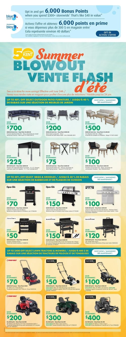 Circulaire Kent. Offre spéciale : Activez l'offre et obtenez 6 000 points en prime (valeur de 40 $) lorsque vous dépensez plus de 300 $ en magasin. Vente flash d'été, valable jusqu'au 24 juin.

Meubles de jardin (jusqu'à 40 % de rabais) :
*   Ensemble de canapé sectionnel Fourchu bleu marin : Économisez 700 $, prix initial 1 699,99 $.
*   Ensemble de salon Basin Head gris : Économisez 200 $, prix initial 599,99 $.
*   Ensemble de canapés Fox Meadow beige : Économisez 500 $, prix initial 1 499,99 $.
*   Pergola avec pare-soleil noir réglable 11 x 11 pi : Économisez 225 $, prix initial 899,99 $.
*   Ensemble de bistro Spring Garden naturel : Économisez 75 $, prix initial 299,99 $.
*   Ensemble de conversation Paradise noir : Économisez 100 $, prix initial 399,99 $.

Barbecues et plaques de cuisson (jusqu'à 30 % de rabais) :
*   Barbecue au gaz propane Dyna-Glo à 3 brûleurs noir : Économisez 70 $, prix initial 269,99 $.
*   Barbecue au gaz Dyna-Glo à 5 brûleurs avec brûleur latéral : Économisez 150 $, prix initial 449,99 $.
*   Barbecue au gaz Monument Clearview à 4 brûleurs avec brûleur latéral en acier inoxydable : Économisez 100 $, prix initial 499,99 $.
*   Centre de cuisson extérieur BakerStone : Économisez 50 $, prix initial 909,99 $.
*   Plaque de cuisson Omnivore Blackstone de 28 po avec couvercle et ensemble de spatules : Économisez 150 $, prix initial 499,99 $.
*   Plaque de cuisson Blackstone 36 po avec hotte : Économisez 120 $, prix initial 599,99 $.

Tracteurs de pelouse et tondeuses (jusqu'à 400 $ de rabais) :
*   Tondeuse à pousser Troy-Bilt 159 cc 3 en 1, 21 po : Économisez 70 $, prix initial 569 $.
*   Tondeuse à gazon Made4 Supply 146 cc 20 po avec éjection latérale (EXCLUSIF) : Économisez 50 $, prix initial 249,99 $.
*   Tondeuse à propulsion arrière Made4 Supply 146 cc 18 po (EXCLUSIF) : Économisez 100 $, prix initial 369,99 $.
*   Tracteur de jardin Troy-Bilt à transmission CVT au pied 46 po, 547 cm³ : Économisez 200 $, prix initial 3 599 $.
*   Tracteur de jardin Made4 Supply 38 po, 452 cm³ (EXCLUSIF) : Économisez 300 $, prix initial 2 499 $.
*   Tondeuse autoportée Made4 Supply 42 po, bicylindre en V de 635 cm³, Z-Turn (EXCLUSIF) : Économisez 400 $, prix initial 5 199 $.