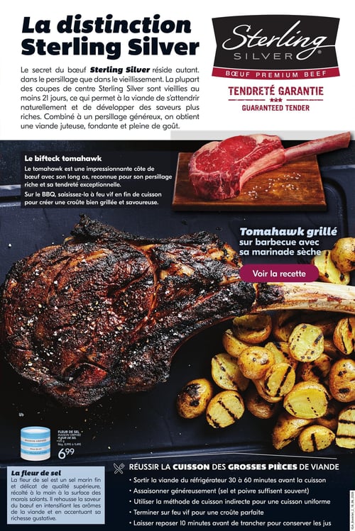 Circulaire IGA - Page 2. La page met en vedette la distinction du bœuf Sterling Silver, soulignant son persillage et son vieillissement d'au moins 21 jours pour une tendreté garantie. Un grand bifteck tomahawk est présenté, avec une description de sa coupe impressionnante et des conseils pour le griller sur le BBQ afin d'obtenir une croûte savoureuse. Une grande photo montre un tomahawk grillé avec sa marinade sèche, accompagné de pommes de terre rôties. On y trouve également la Fleur de sel Maison Orphée de 125 grammes à 6,99 $ (prix régulier de 8,99 $ à 9,49 $), décrite comme un sel marin fin et délicat. Des conseils pour réussir la cuisson des grosses pièces de viande sont inclus, comme sortir la viande du réfrigérateur 30 à 60 minutes avant la cuisson, assaisonner généreusement, utiliser une méthode de cuisson indirecte, terminer sur feu vif pour une croûte parfaite et laisser reposer 10 minutes avant de trancher.