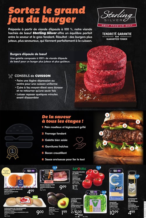 Circulaire IGA - Page 5. La page est dédiée au "grand jeu du burger" avec la viande hachée de bœuf Sterling Silver, préparée à partir d'épaule à 100 %, pour des burgers juteux et savoureux, avec tendreté garantie. Des conseils de cuisson sont fournis : faire une légère dépression, cuire à feu moyen-élevé sans écraser, ne retourner qu'une seule fois et laisser reposer quelques minutes avant d'assembler. Une section illustre les étapes d'un burger parfait : pain moelleux et légèrement grillé, fromage fondant, galette bien saisie, garnitures fraîches, bacon croustillant et sauce onctueuse pour lier le tout.

En bas de page, on trouve :
- Pains à burger briochés Compliments, paquet de 4, à 4,99 $, avec 50 points bonis.
- Bacon double fumé Gosselin, 375 g, à 9,99 $.
- Tomates rouges de serre Savoura, à 1,77 $ la livre.
- Capuchons de champignons portabella biologiques, 454 g, à 9,00 $.
- Avocat du Mexique, à 1,99 $ chacun.
- Laitue Boston vivante de serre, 2 pour 5,00 $ ou 2,50 $ chacune, avec 50 points bonis à l'achat de 2.
- Tranches de fromage Compliments, 460 g ou 480 g, à 10,99 $, avec 50 points bonis.
- Mayonnaise ou sauce pour burger Mag Signature, 250 ml ou 350 ml, à 4,99 $.