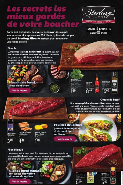 Circulaire IGA - Page 6. La page est dédiée aux "secrets les mieux gardés de votre boucher" et met en vedette des coupes de bœuf Sterling Silver. La Picanha, surnommée la reine des steaks, est présentée avec une recette de picanha de bœuf et sauce chimichurri. Des produits complémentaires sont offerts : persil frisé à 1,69 $ le bouquet, vinaigre de vin Maille de 500 ml à 8,49 $ (rég. 9,49 $ à 9,99 $), et huile d'olive extra vierge Liv99 de 1 L à 15,99 $ (rég. 17,99 $ à 18,99 $). L'onglet de bœuf est décrit comme une coupe pleine de caractère, parfaite pour des recettes relevées et rapides, illustré par des feuilles de laitues garnies de mangue verte et de bœuf épicé par Ricardo. Pour accompagner, on trouve de la sauce hoisin Lee Kum Kee de 445 ml à 3,79 $ (rég. 4,69 $ à 4,99 $), des carottes nantaises de 454 g à 4,49 $ (rég. 4,99 $), et de la mangue Ataulfo à 1,99 $ l'unité (rég. 2,49 $). Enfin, le filet d'épaule est présenté comme une coupe méconnue mais étonnamment tendre, idéale pour mariner, avec une recette de filet de bœuf mariné aux épices shawarma et beurre de sésame. Les produits associés incluent de l'ail Une Touche d'Ail du Québec de 150 g à 5,49 $ (rég. 5,99 $) et de l'huile de sésame pure Kadoya de 163 ml à 5,49 $ (rég. 6,29 $).